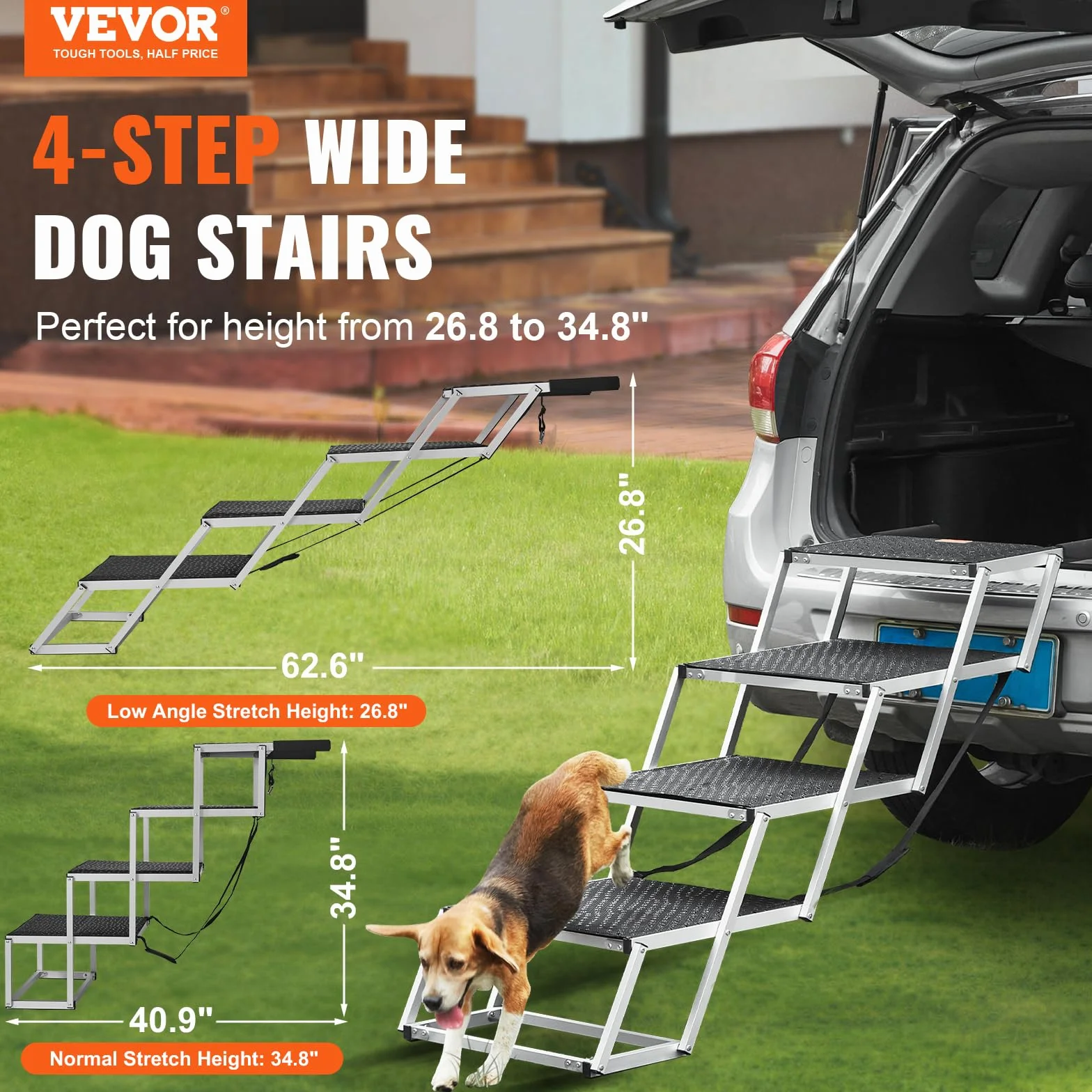 VEVOR Scala per Cani Larghi per Auto 4 Gradini, Rampa Pieghevole con Superficie Antiscivolo, Animali Domestici Gradini Portatili in Alluminio Leggero per SUV e Camion, Supporta Fino a 113 KG