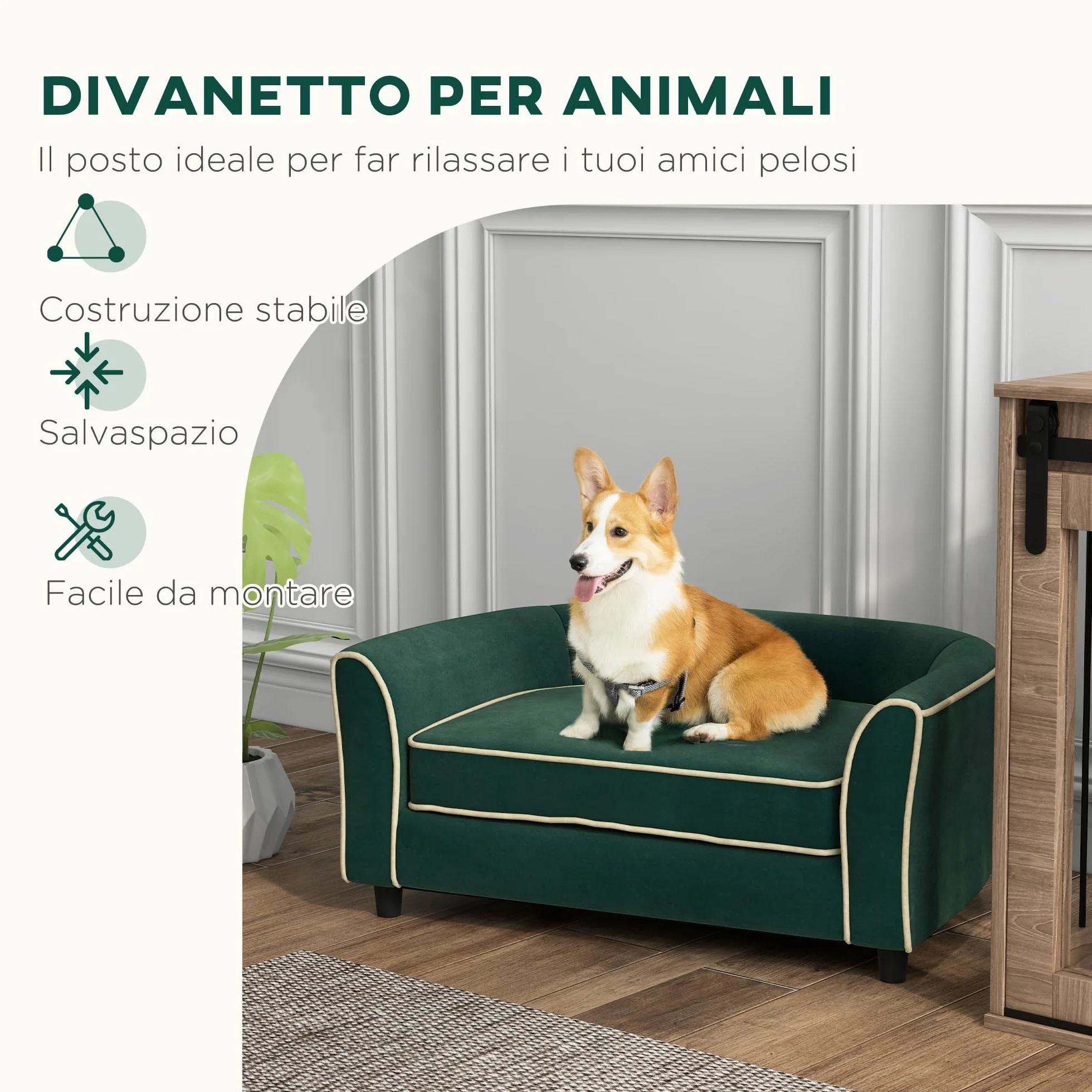 PawHut Divano per Cani Taglia Piccola e Media Elegante con Cuscino, Divanetto per Cani in Tessuto Effetto Velluto e Legno, 79x56x35 cm, Verde Scuro