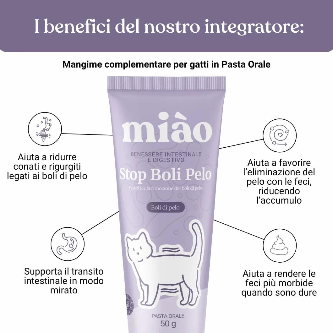 Miào Stop Boli di Pelo Gatto Pasta – Supporto Intestinale per Eliminare Boli di Pelo, Riduce Rigurgiti con Fibre e Psillio, Pasta al Malto per Gatti Bolo di Pelo