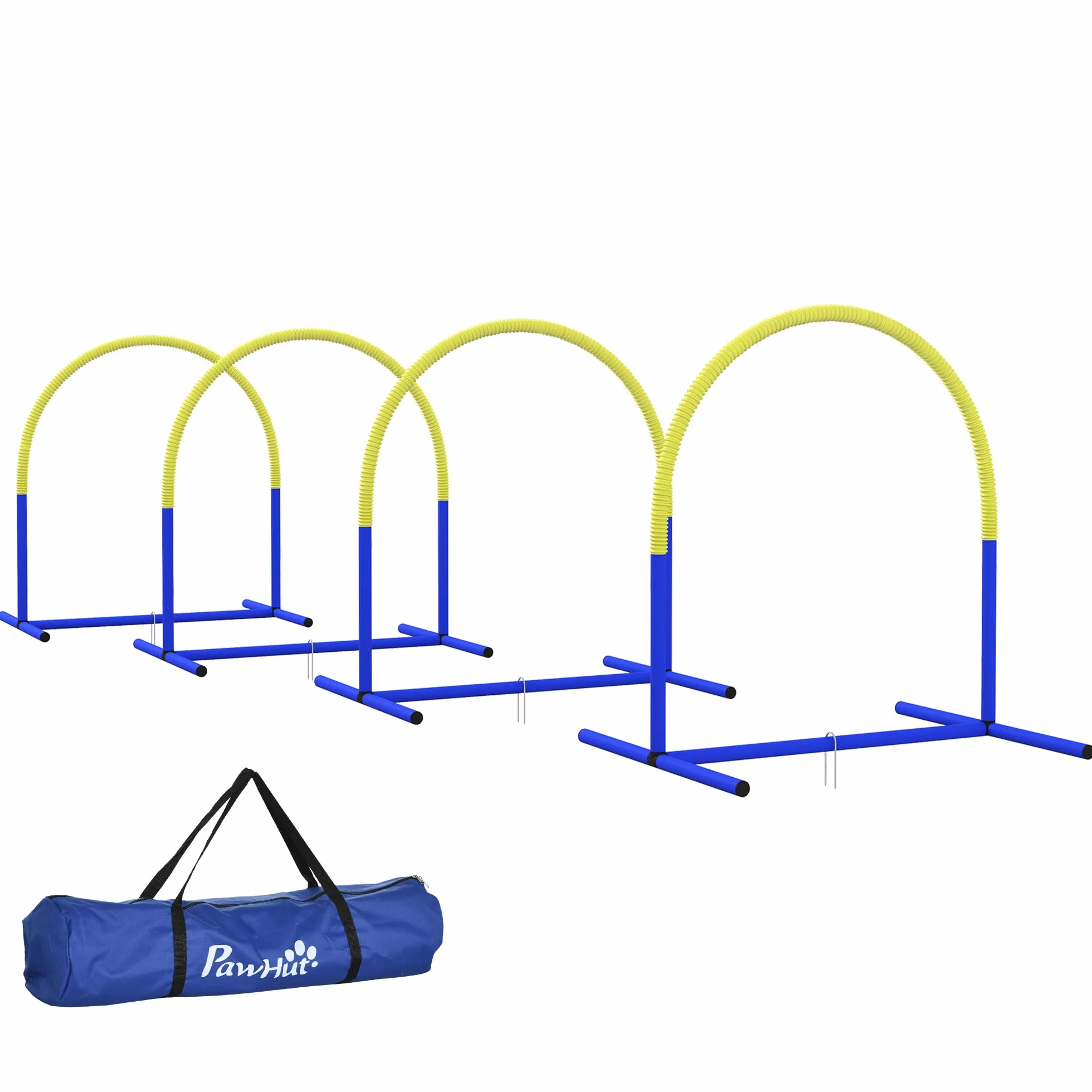 PawHut Set Agility Dog 4 Archi Componibili Borsa Trasporto Attrezzatura Percorso Addestramento PE ABS 88x64x95 cm Blu Giallo