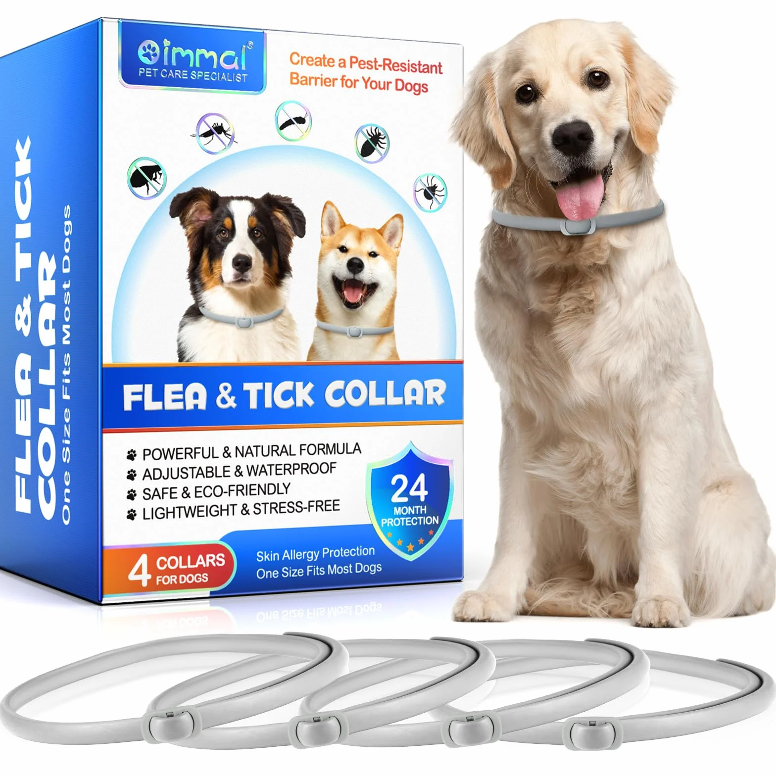 4 Pezzi Collare Antiparassitario per Cani, Naturali Collare Antipulci e Zecche per Cani, Collare Regolabile Impermeabile,Elimina pulci, zecche, pidocchi