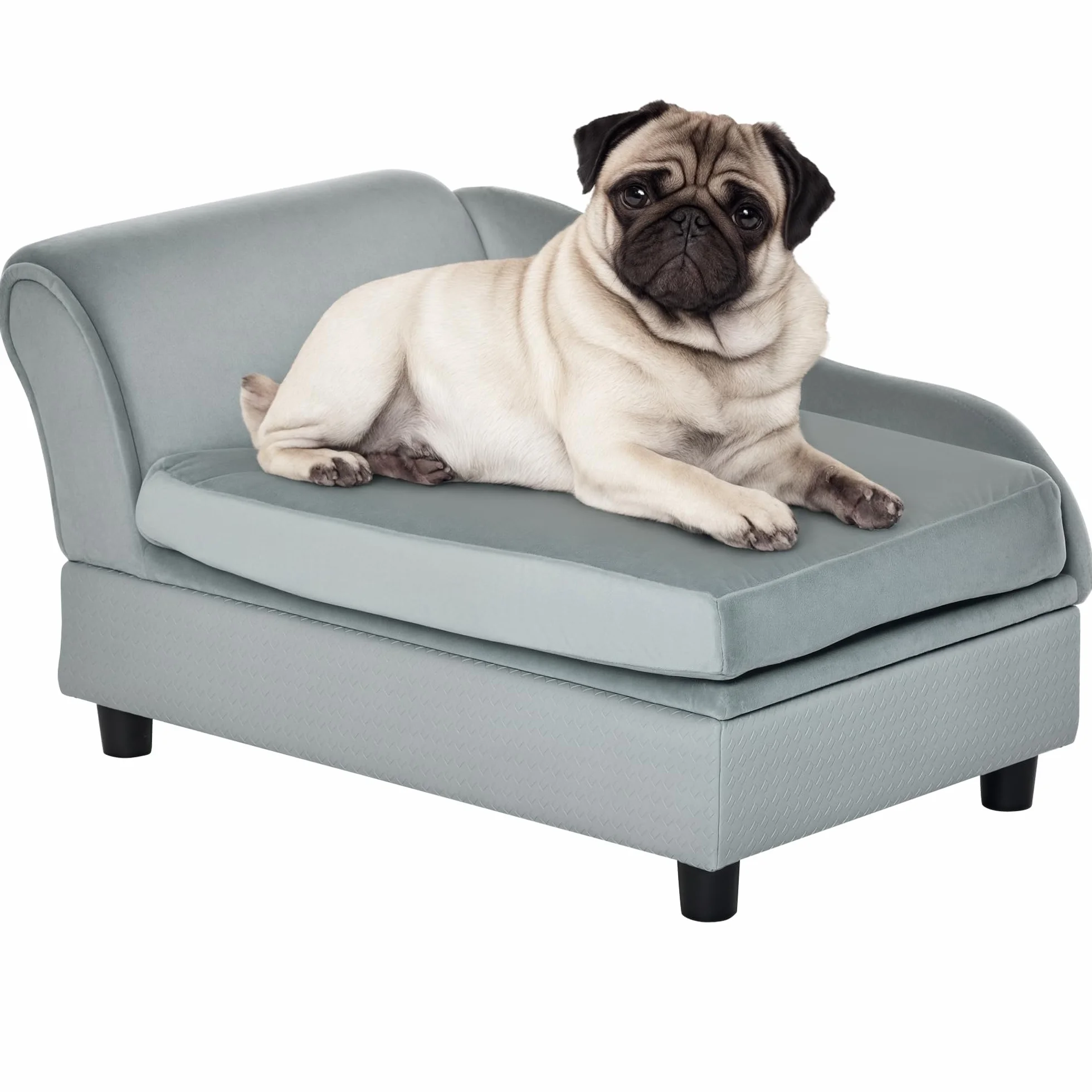 PawHut Divano per Cani Taglia Piccola con Spazio Portaoggetti a Scomparsa e Cuscino, Divanetto per Cani in Legno e Poliestere, 76x45x43 cm, Grigio Chiaro