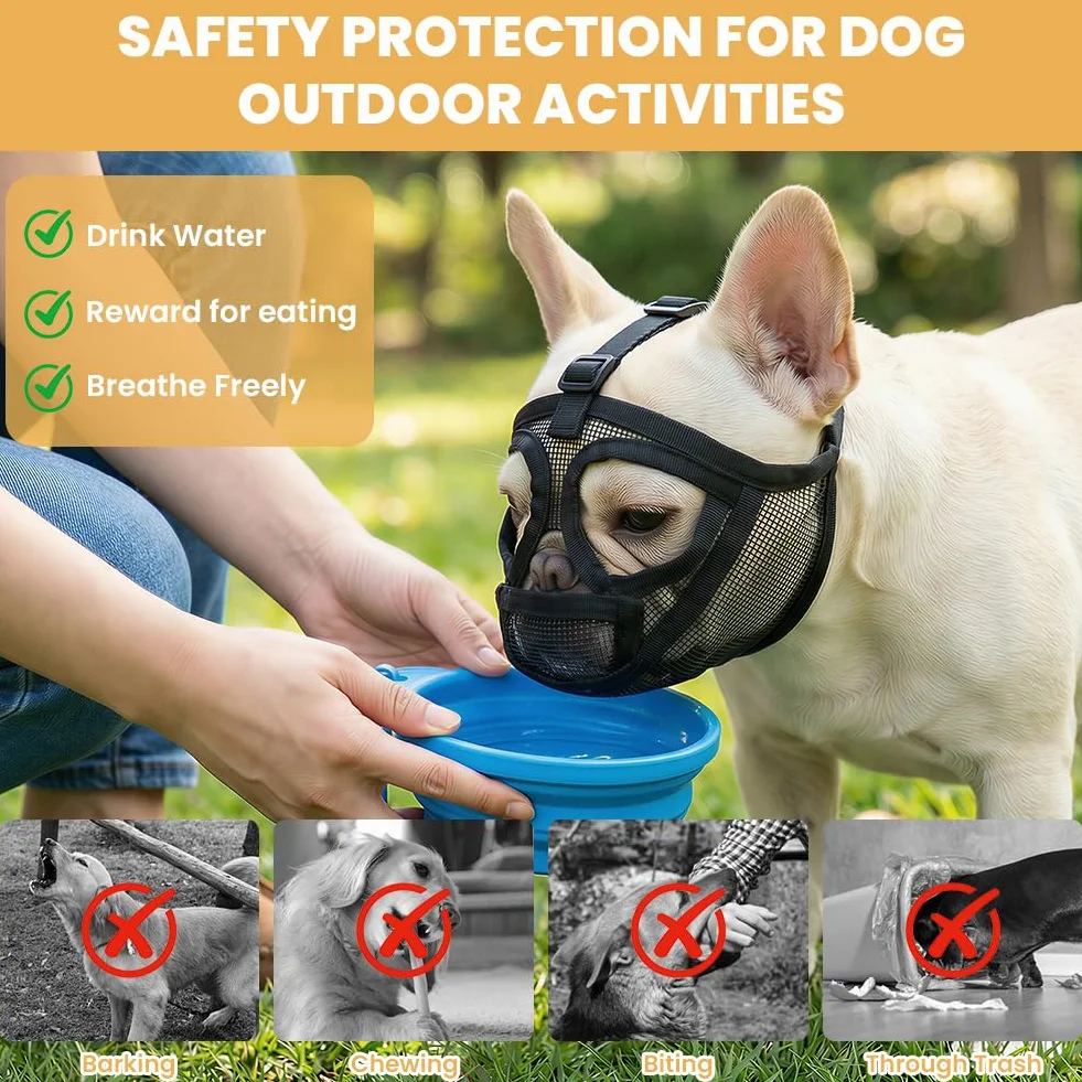 AUAUY Museruola per Cane, Museruola Resistente per Cani, Mascherina in Rete Traspirante, Prevenire i Morsi alla Corteccia, Museruolas per Shih Tzu e Bulldog inglesi, Acqua e Cibo Consentiti (Nero, S)