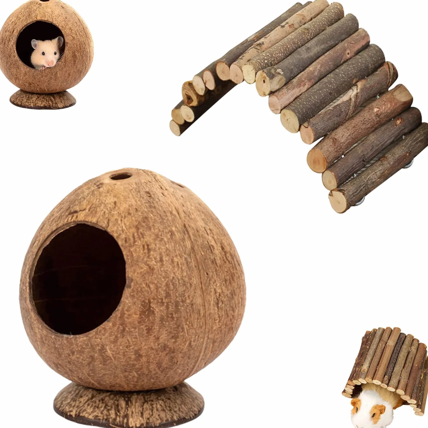 2 Pezzi Nido per Criceti e Uccelli di Cocco, Giocattoli Arrampicata con Scala, per Il Posatoio e La Ricreazione degli Animali Domestici
