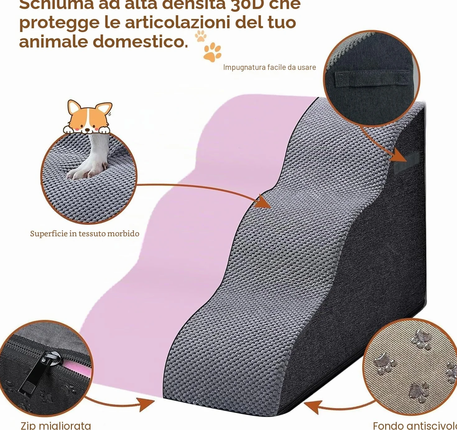 Scala larga per cani di piccola taglia, 3 gradini, in schiuma ad alta densità, rivestimento lavabile e fondo antiscivolo, 32 x 60 x 30 cm