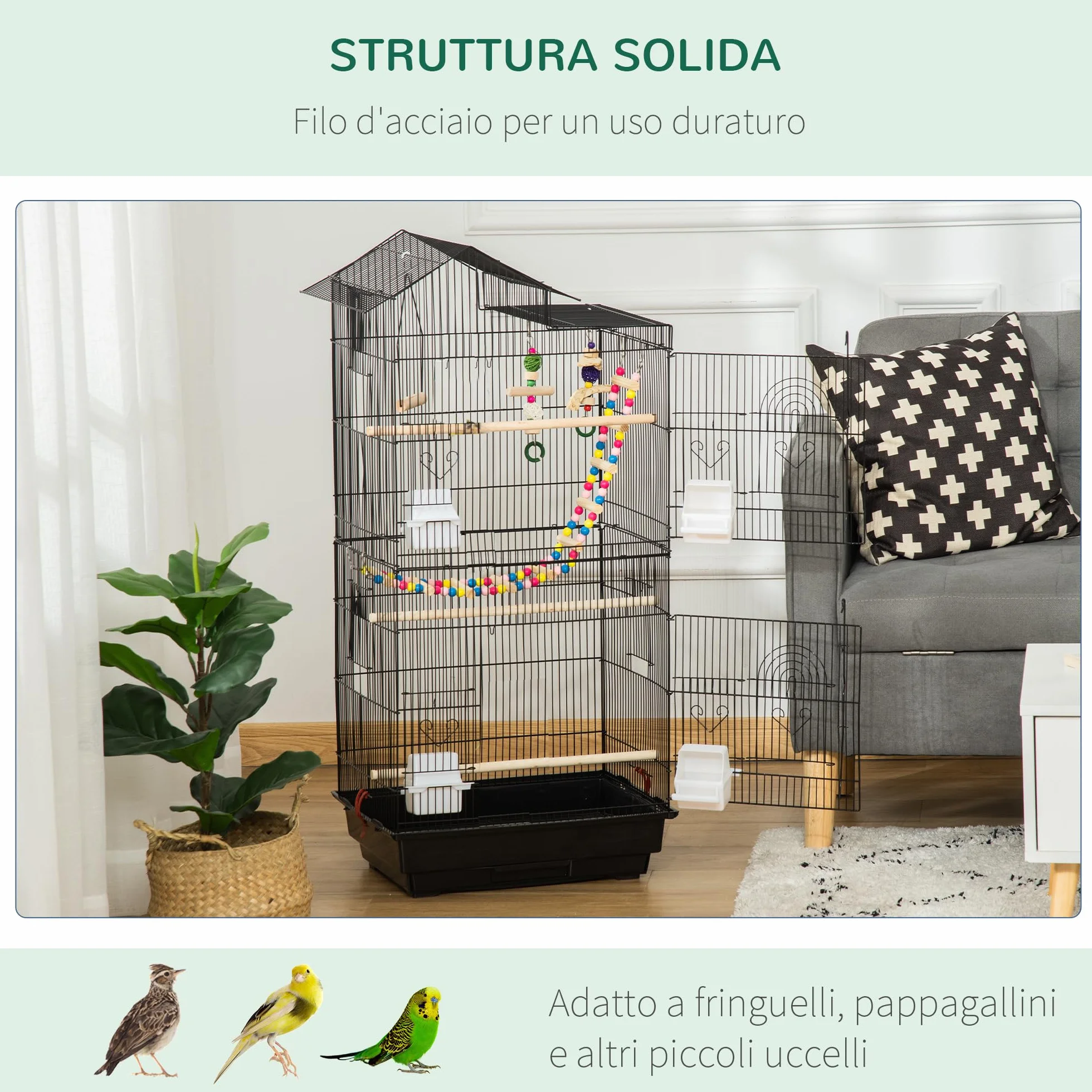 PawHut Gabbia per Uccelli, Voliera con Maniglia e Porte, Gabbietta con Altalena, Ciotole e Giochi, 46x36x100 cm, Nero