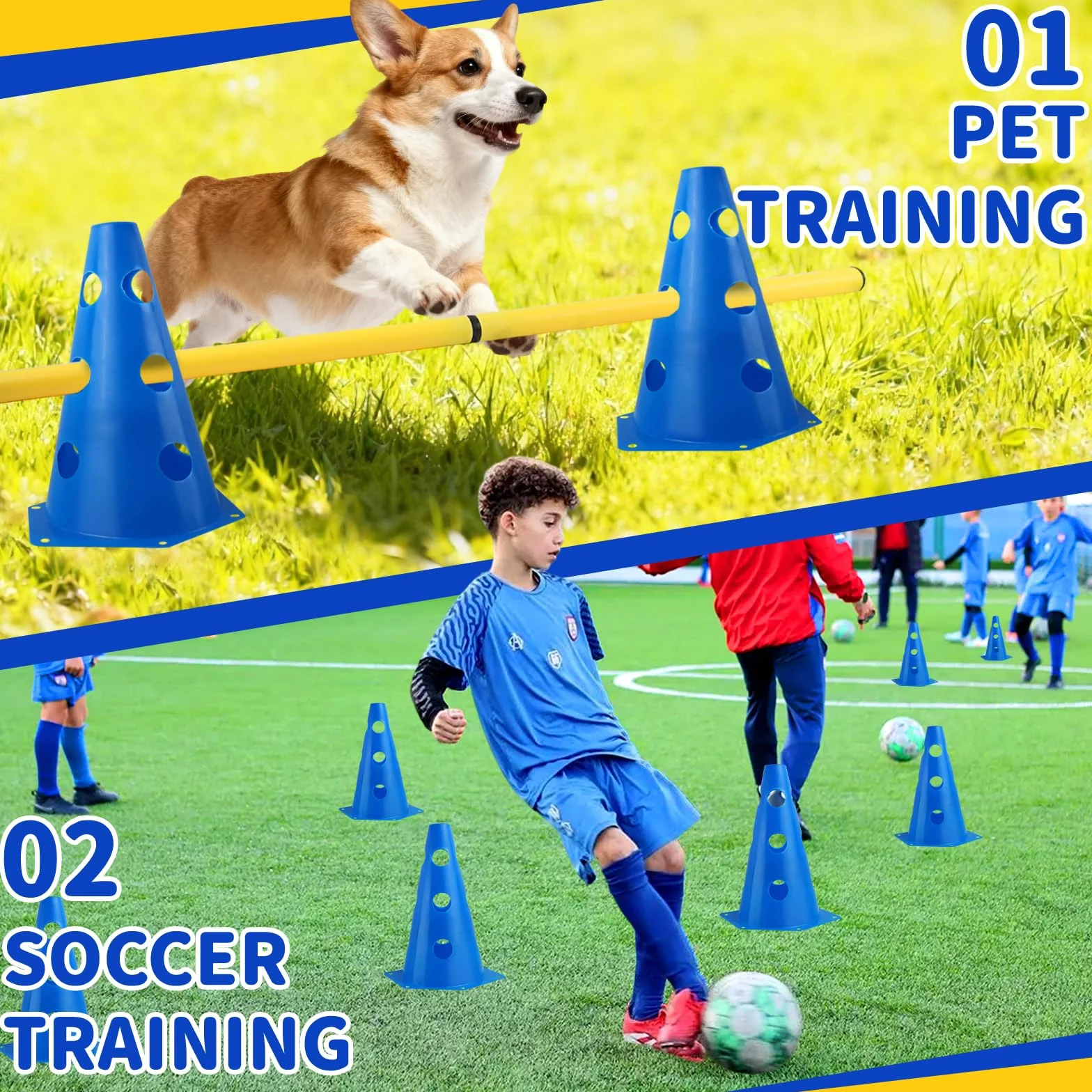 Agility Set per Cani Ostacoli per Bambini, Ostacoli per Cani con 8 Coni 32cm di Altezza + 8 Aste Lunghe 80cm, Set di Siepi Agility, per Cane Il Lavoro di Coordinamento