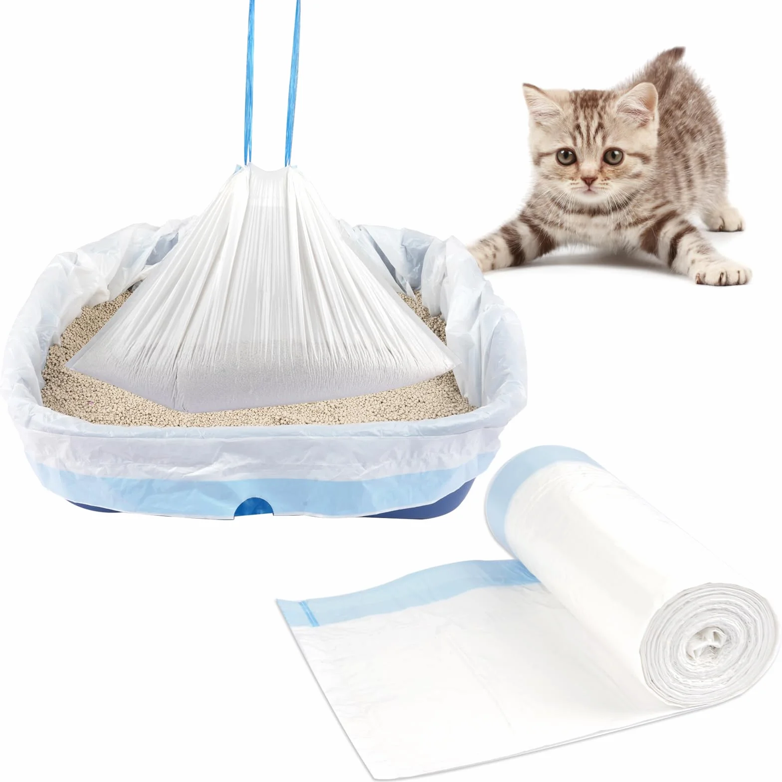 20 sacchetti per lettiera per gatti, spessi sacchetti per lettiera per gatti, con cordini, forte capacità di carico, colore grigio (grigio, L (65 x 40)