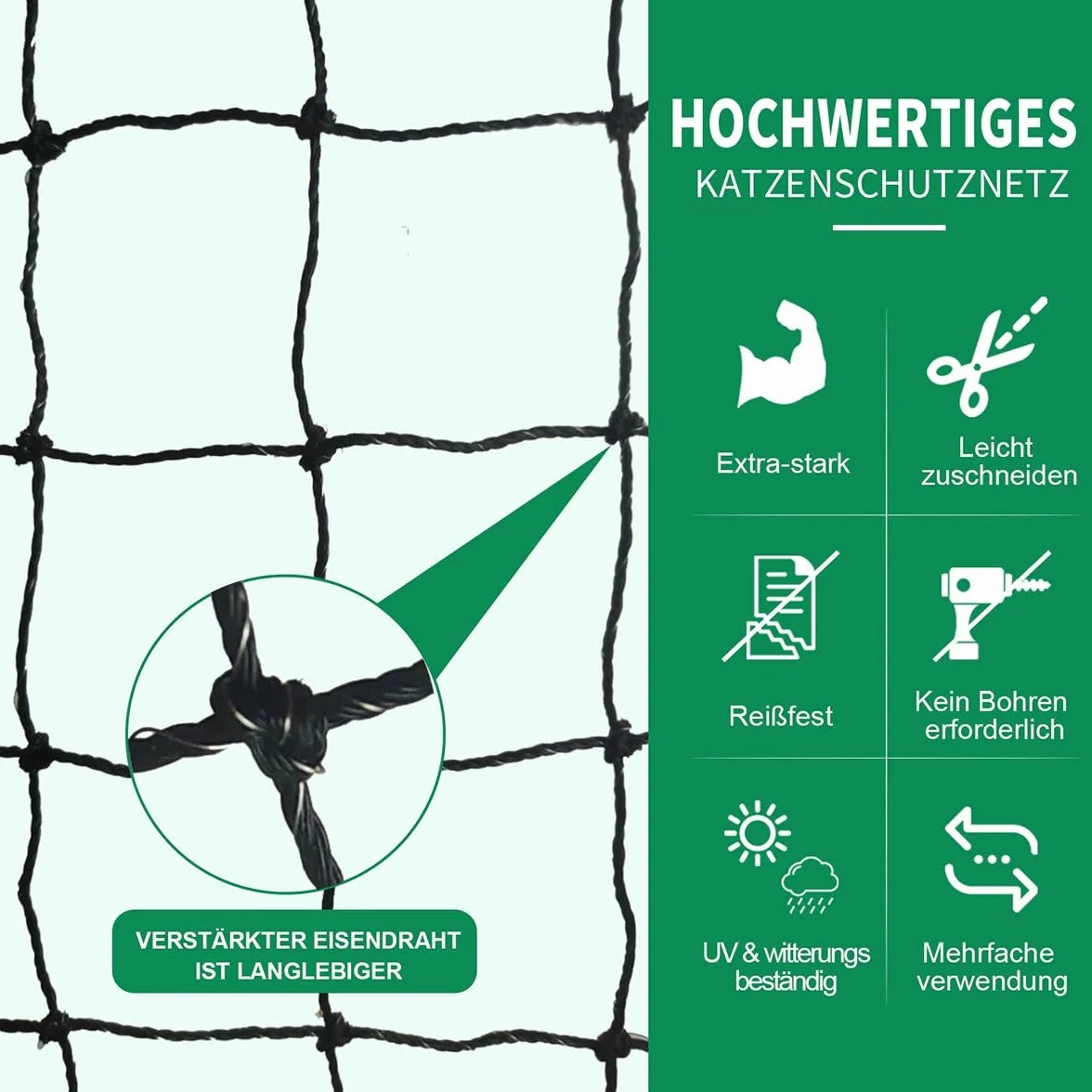 Rete per Gatti, Rete per Gatti Rinforzata 6 x 2 m, Robusta e Resistente agli Strappi, ai Raggi UV e alle intemperie, per Balcone, terrazze e finestre (Nero)