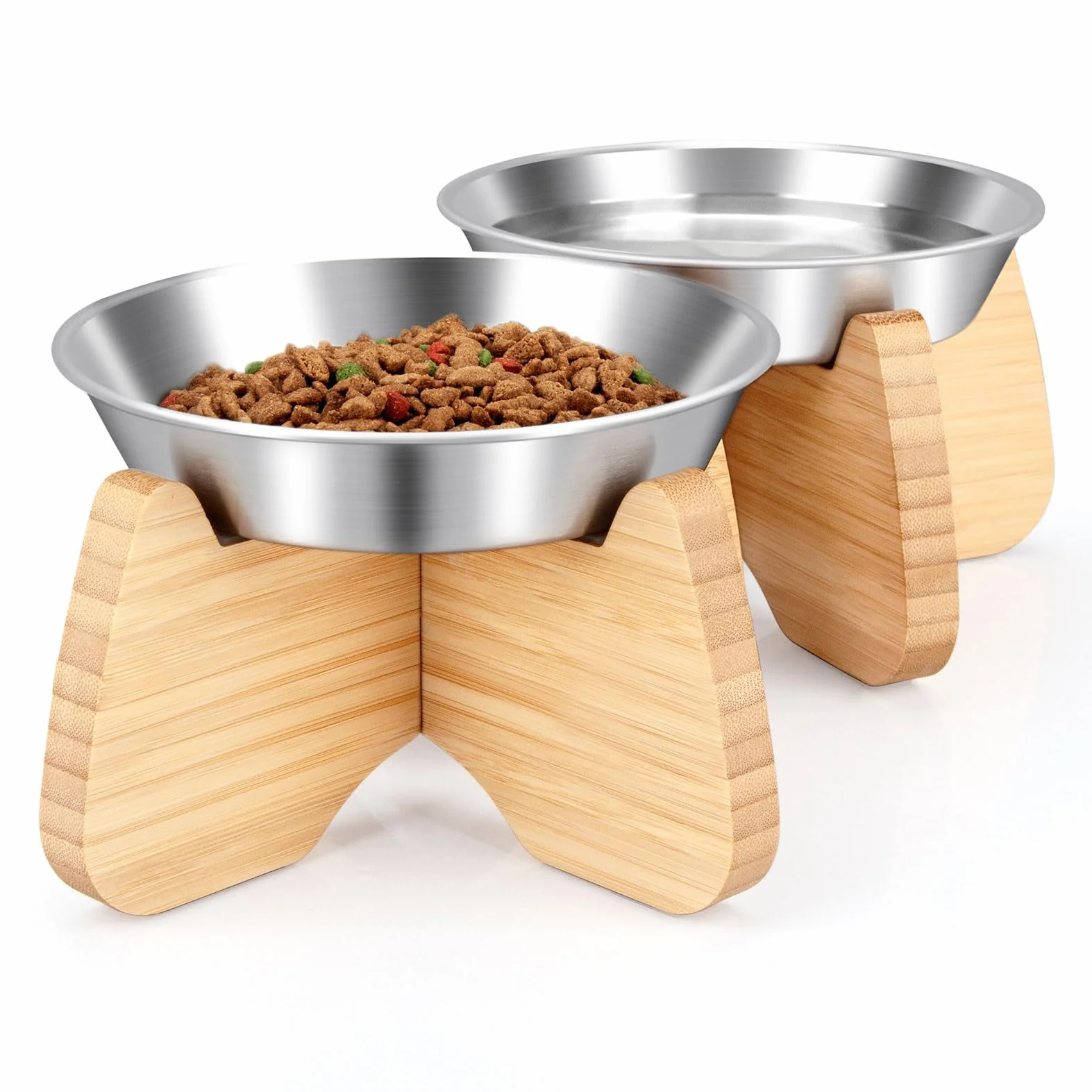 Ciotole per Gatti Rialzate Acciaio Inox con Supporto Bambù Legno Antiscivolo, Porta Piatto per Affaticamento Baffi (2 Pezzi)