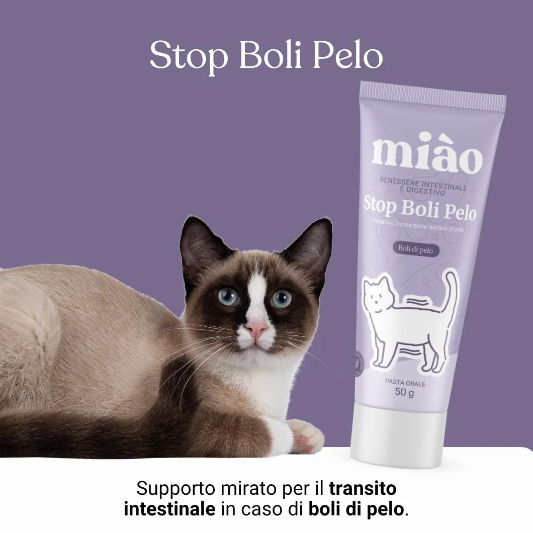 Miào Stop Boli di Pelo Gatto Pasta – Supporto Intestinale per Eliminare Boli di Pelo, Riduce Rigurgiti con Fibre e Psillio, Pasta al Malto per Gatti Bolo di Pelo