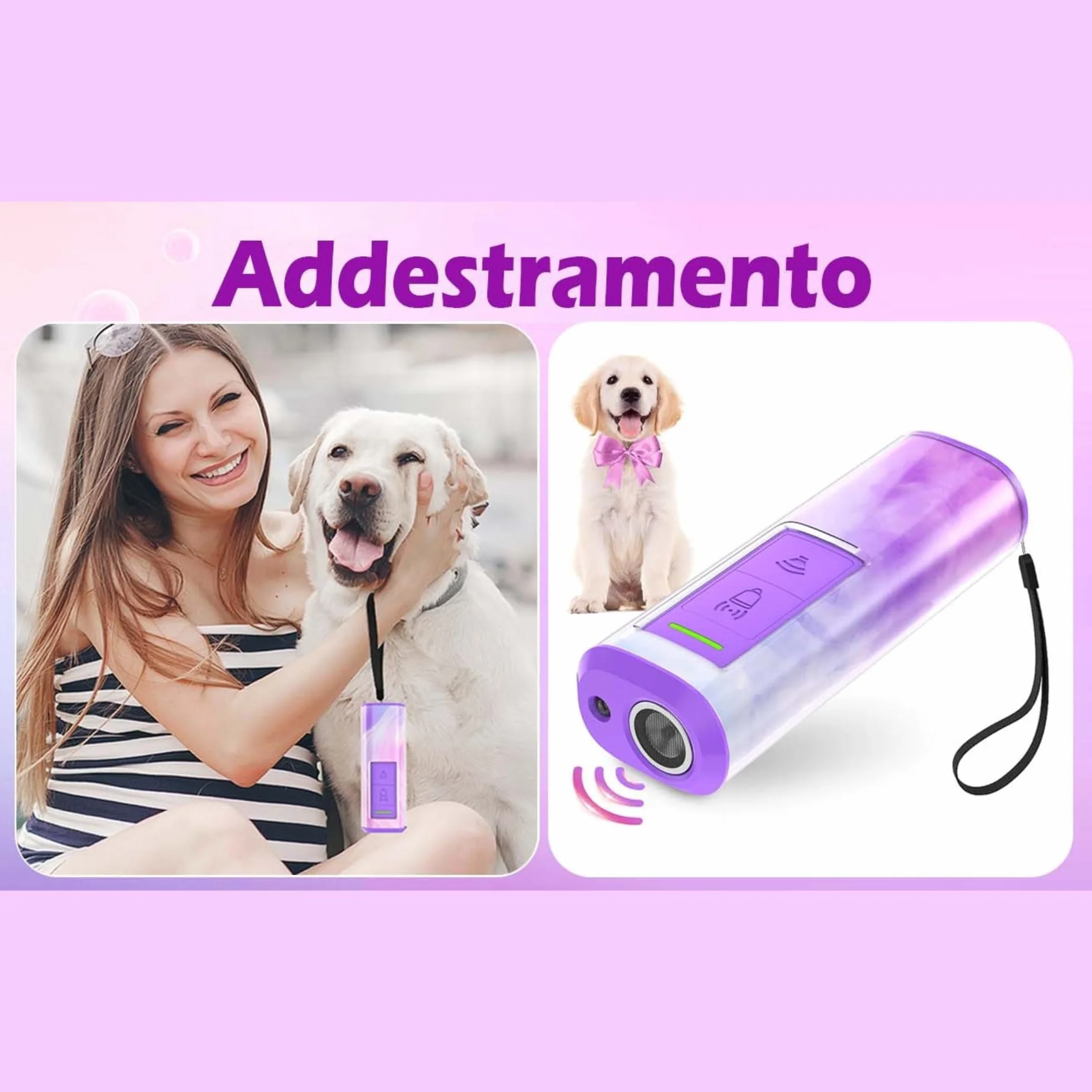 Scacciacani Ultrasuoni Portatile Anti-Abbai 2 in 1 con Torcia LED 7m Adatto a Tutte le Taglie Rosa