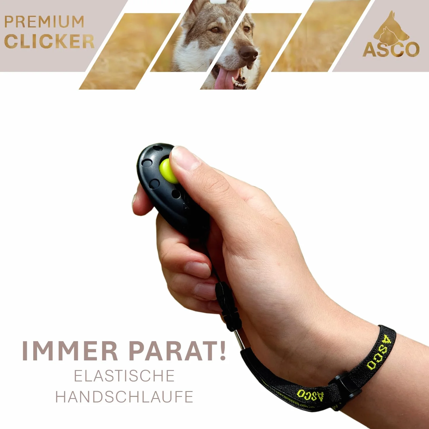 ASCO Clicker da Dito Premium con Cinturino da Polso Elasticizzato per clicker Training, clicker Professionale per Cani, Gatti e Cavalli, clicker per addestramento Cani, Nero AC01FA