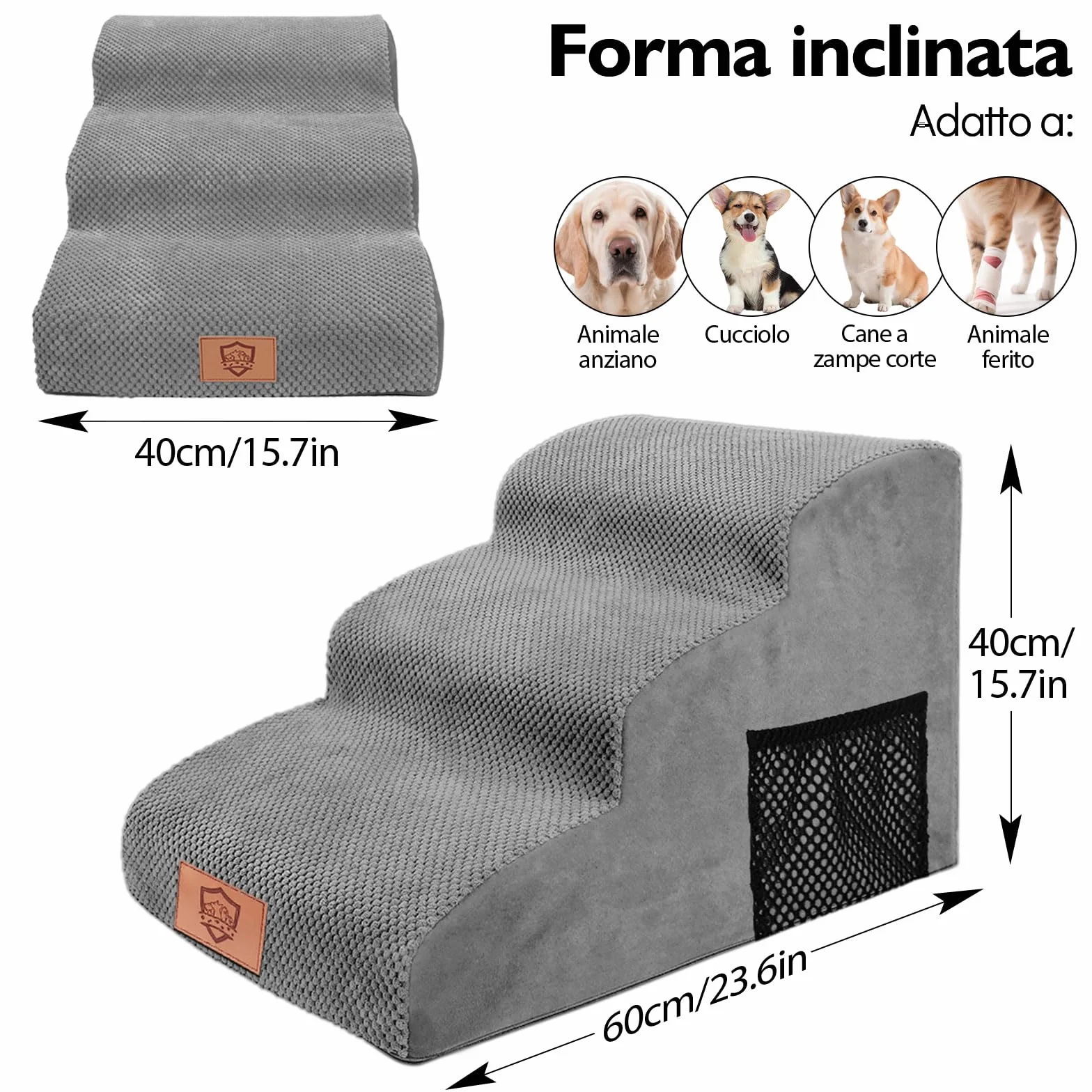 MASTERTOP Scale per Cani 3 Gradini, Scalini Antiscivolo per Gatti e Cani per Divano e Letto, Scaletta Schiuma Alta Densità, Copertura Impermeabile Lavabile (Grigio)