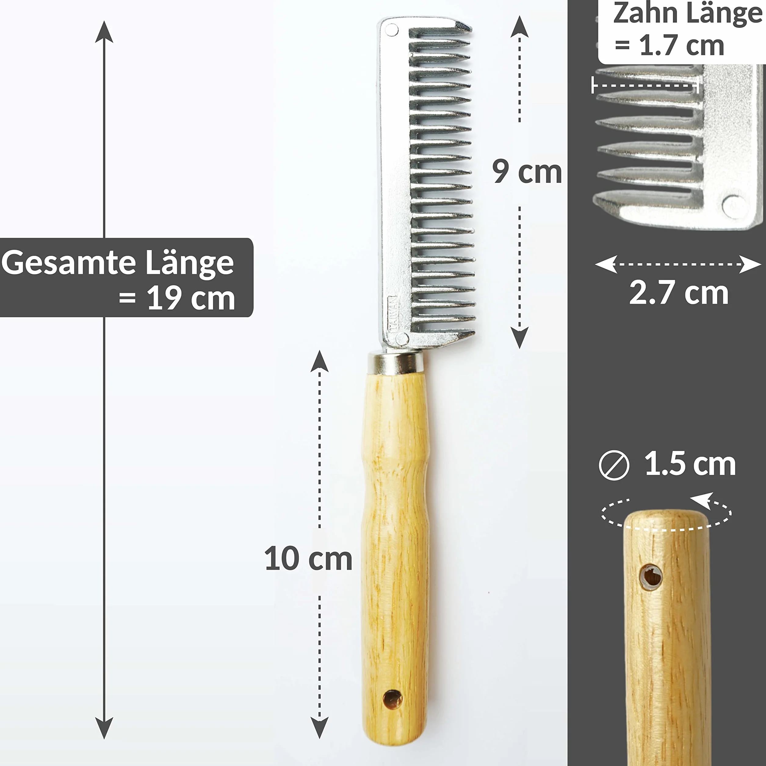 Pettine per criniera di cavalli e asinelli, in metallo, con manico in legno resistente