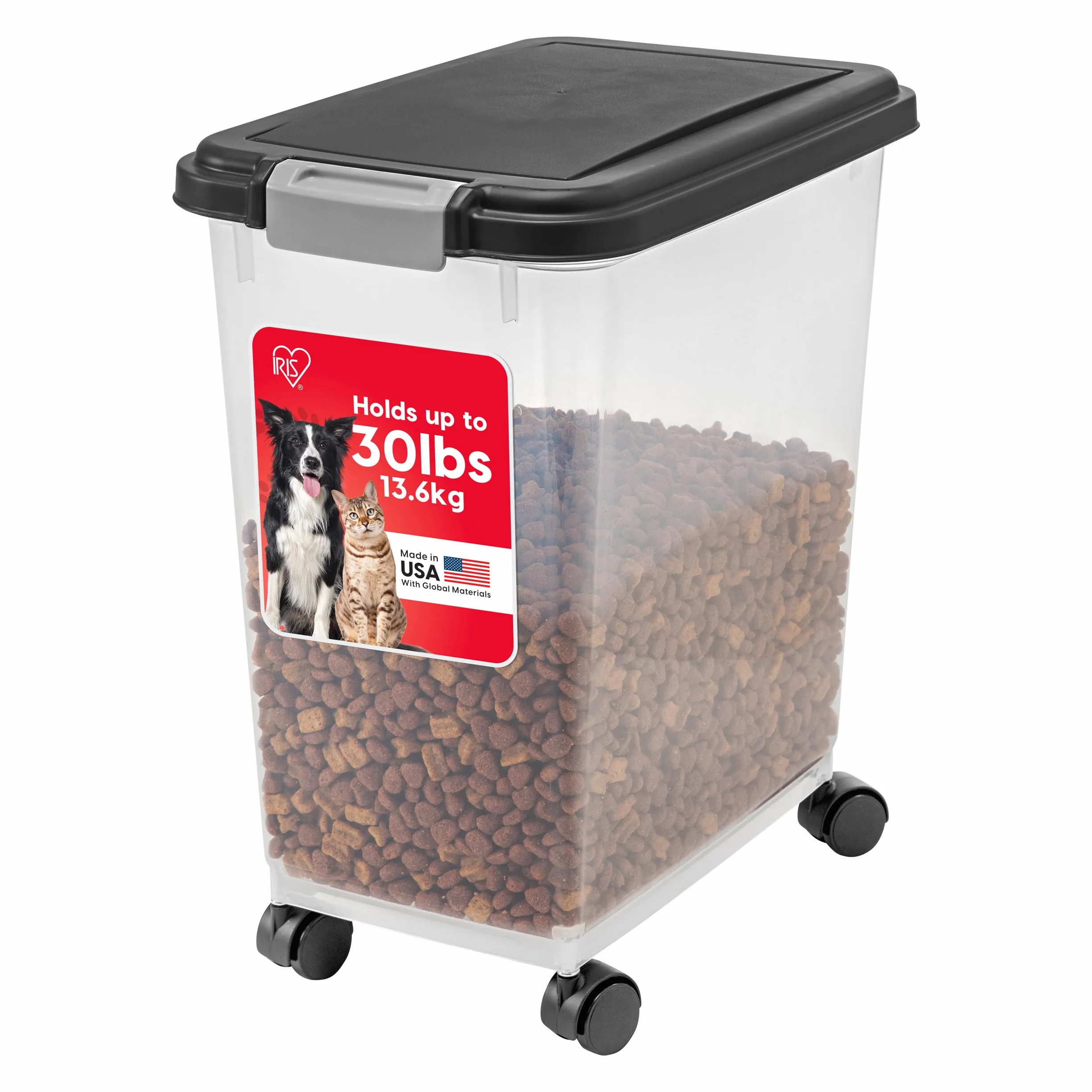Iris Ohyama, Contenitore per Crocchette Ermetico, 30L/11kg, Nero, Ermetici, Plastica, con Coperchio, Per Cibo per Gatti, Cani, Cibo secco, Crocchette, Dolci, MP-8