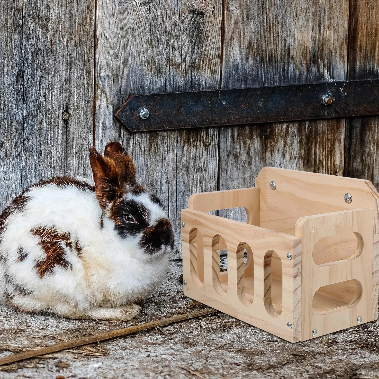 HOMSFOU Mangiatoia per Conigli in Legno Fissatore Anti Spreco, Rastrelliera per Piccoli Animali Struttura a Recinzione, Alimentatore per Gabbia Supporto Stabile per Conigli e Criceti