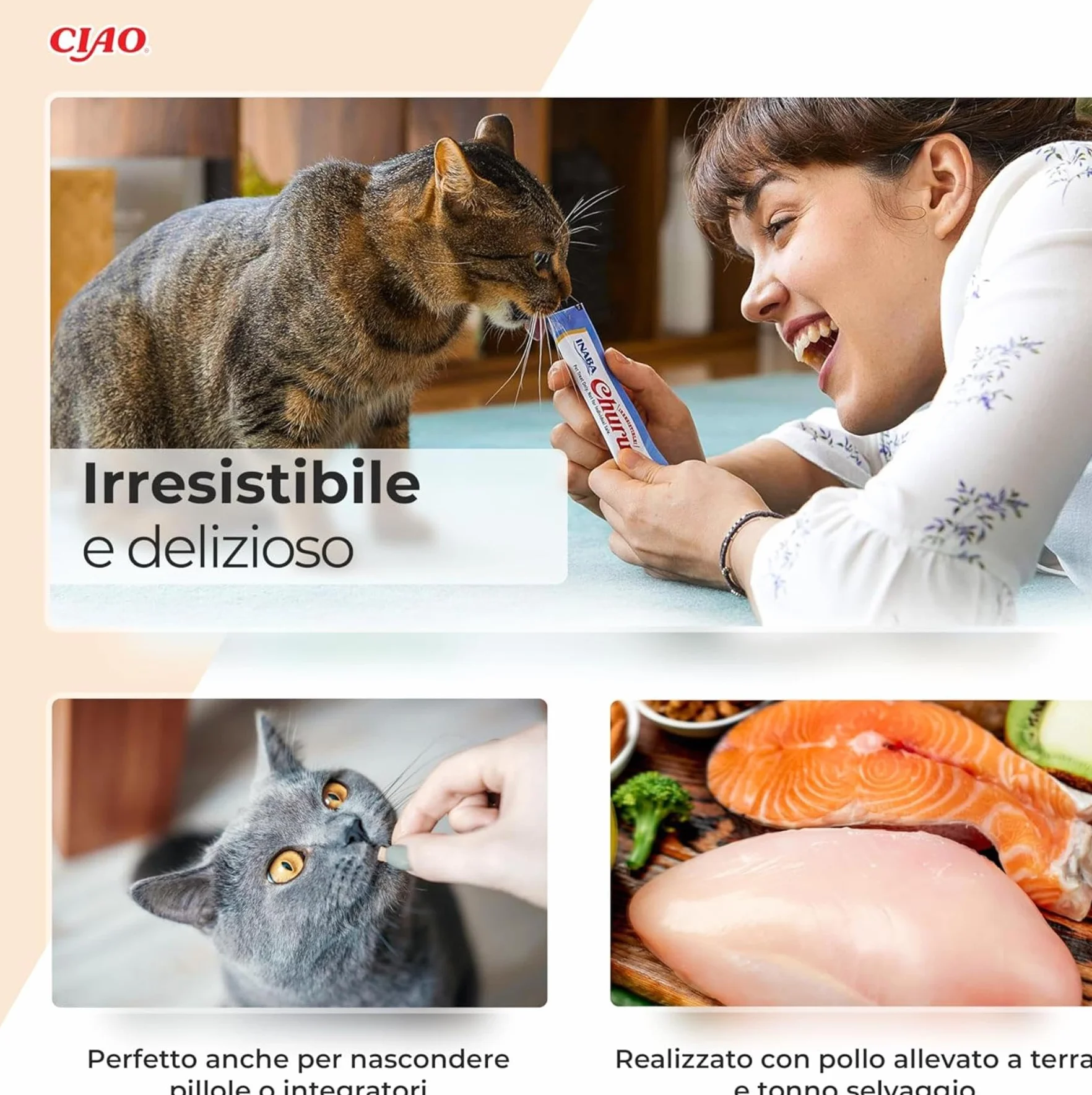 INABA Churu Hairball Snack Gatti Gusto Tonno, 4 Stick x 14g, Cibo per Gatti con Omega 3 e 6, Taurina e Vitamina E