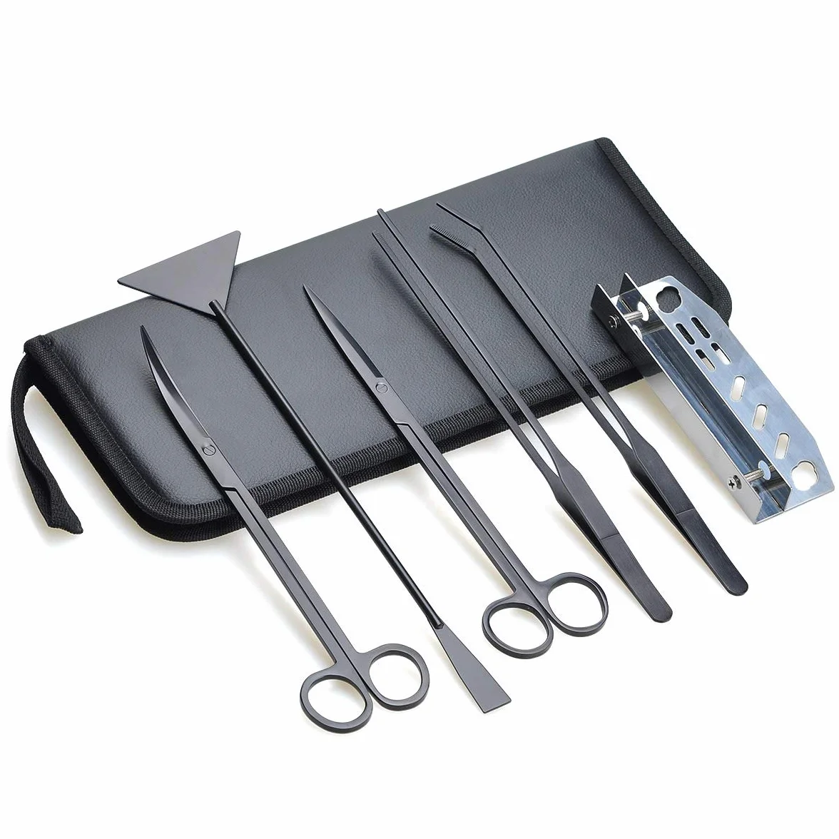 Kit 5 in 1 per acquario con forbici dritte e curve, spatola substrato, pinzette dritte e curve, set di attrezzi per piante acquatiche in acciaio inox, con supporto e custodia