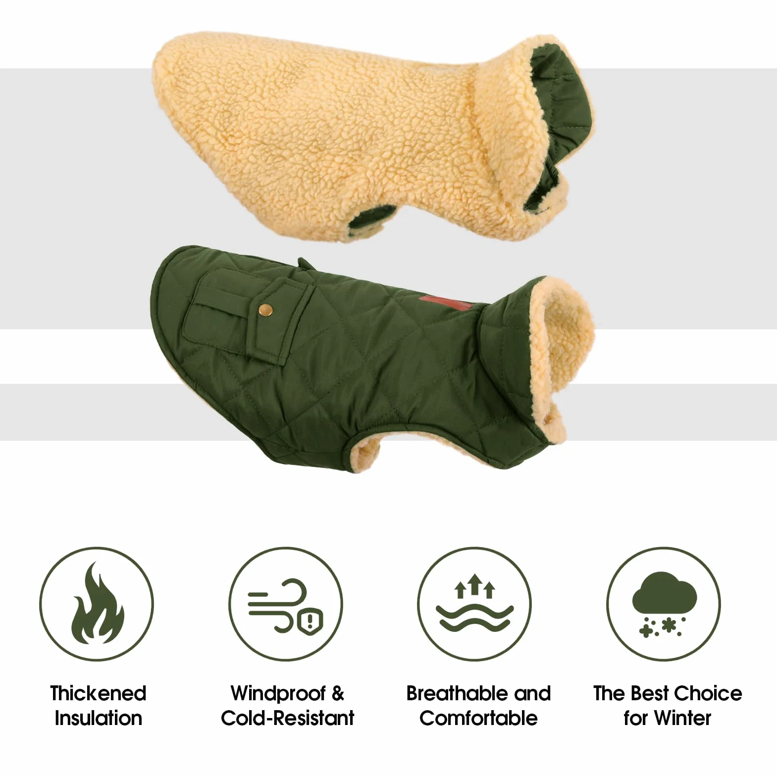 CITÉTOILE Cappotto Invernale per Cani - Gilet Termico con Lana Spessa, Giacca Antivento per Chihuahua e Razze Piccole/Medie/Grandi, Foro con Corda di Trazione, Verde, S