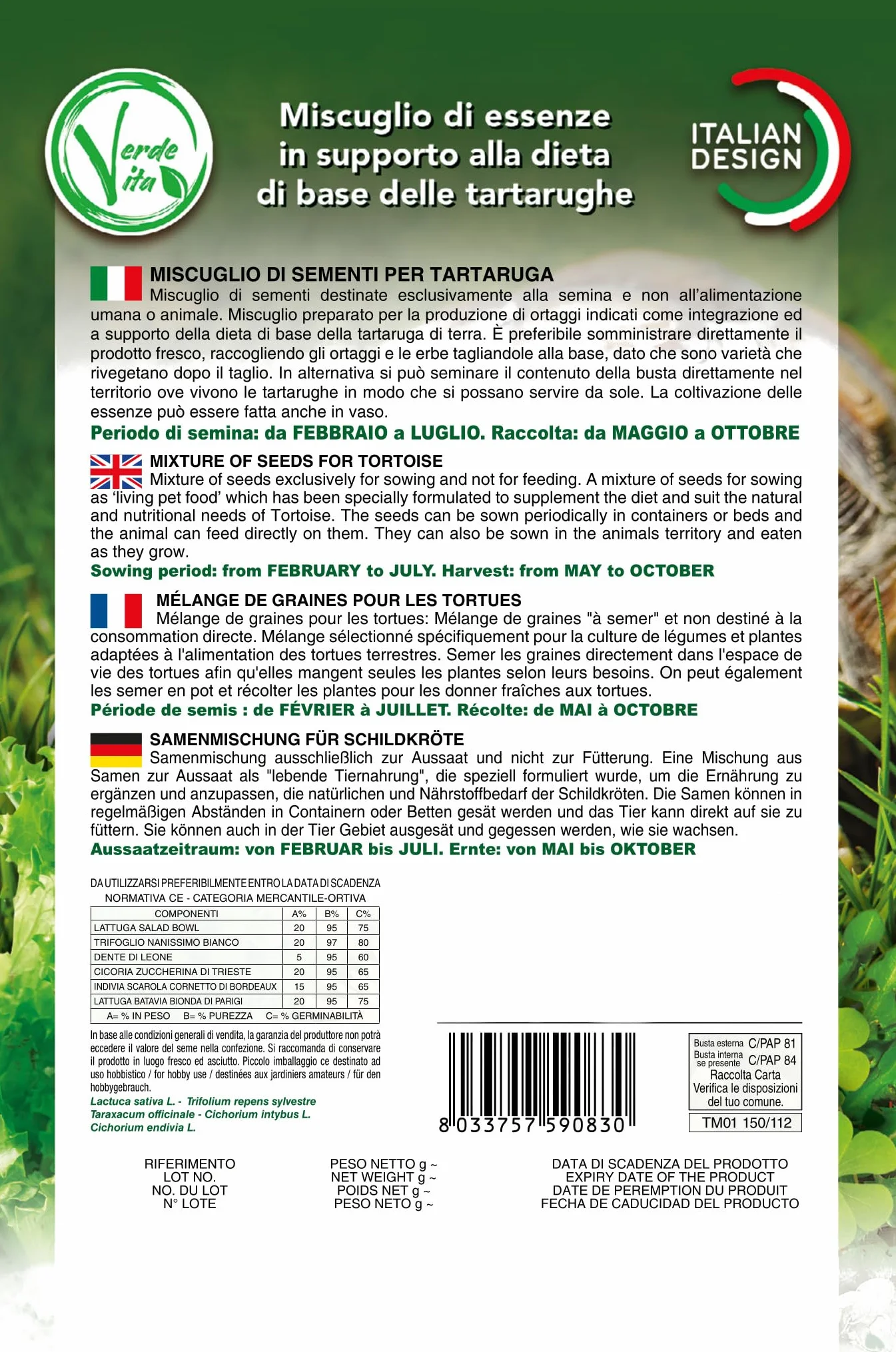 Semi Erba Per Tartarughe Di Terra - Miscuglio Semi In Supporto Alla Dieta Delle Tartarughe - 2 BUSTE