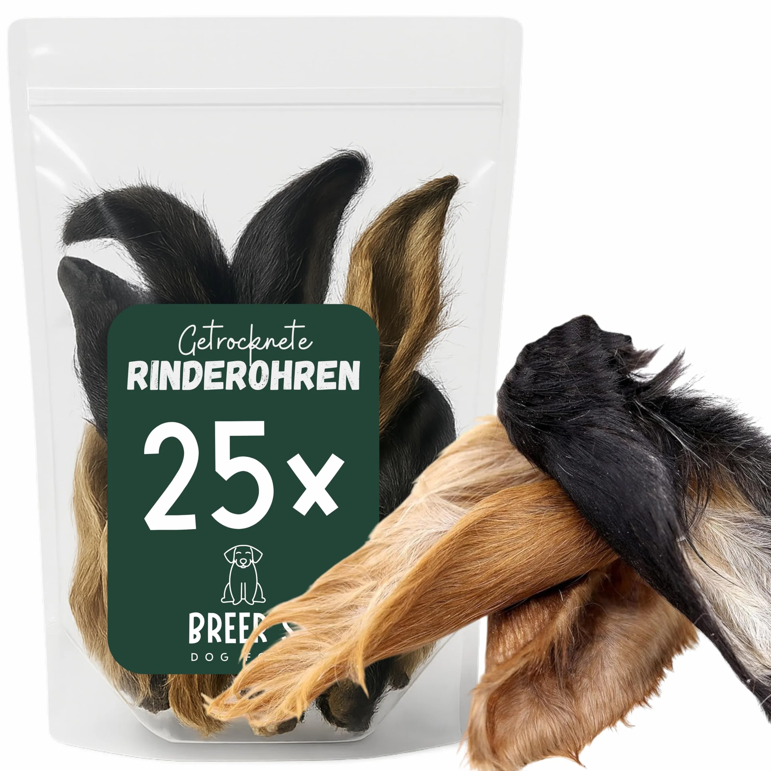 BREERs, orecchie di manzo essiccate con pelliccia per cani, 25 pezzi spuntino da masticare, articolo da masticare per cani di taglia grande, asta per cani con pelliccia