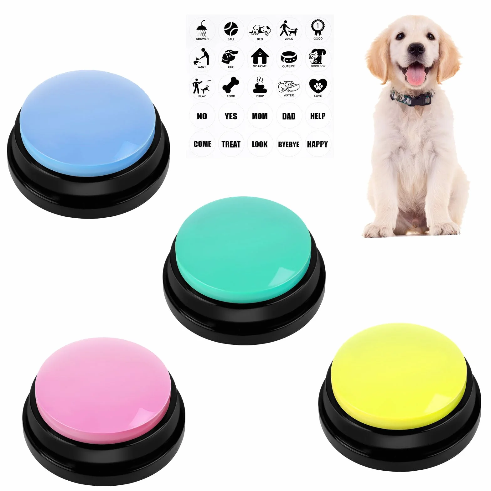 Pulsanti per Cani, 4 Pezzi Pulsante per l'addestramento del Cane, Set di Bottoni per Cani con Adesivi, Registrazione e Riproduzione di 30 Secondi, Tappetino in Gomma per Cani Animali Domestici
