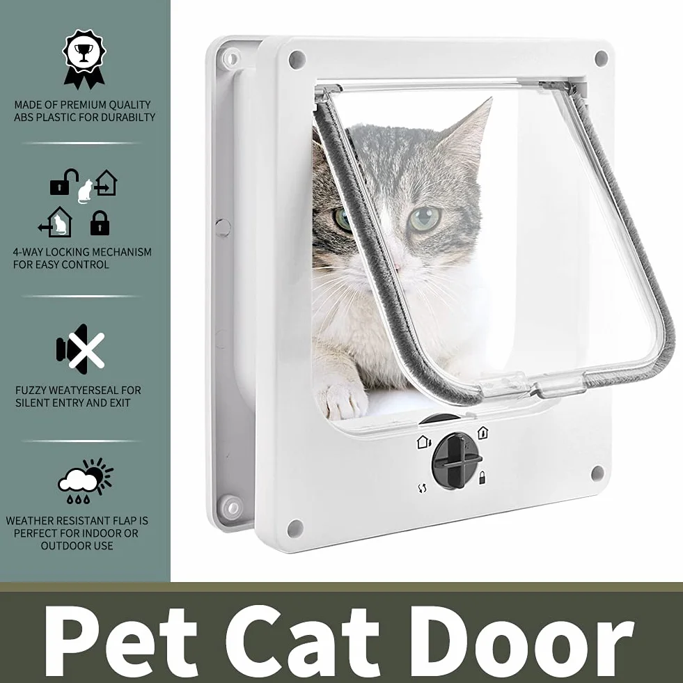 Porta per Gatti Grande, Gattaiola con a 4 Vie con Magneti per Gatti, Portina Gatto Facile da Installare, Porta Basculante per Animali Manuale for Parete/Legno/UPVC (Bianco,L)