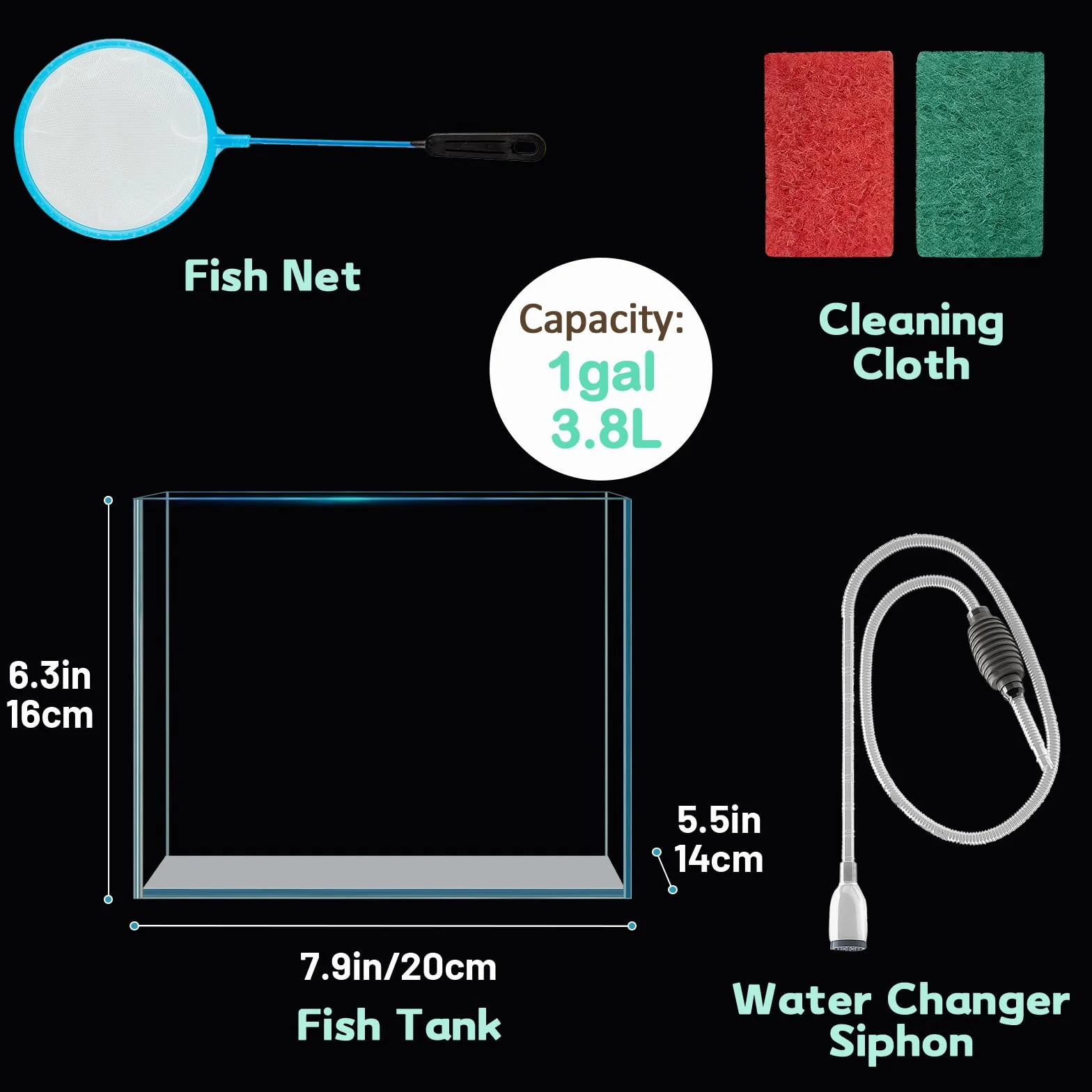 LAQUAL Kit acquario da 3.8 L con rete, sifone per acqua & 2 panni pulizia, vetro cristallino, piccolo acquario per Betta & pesci rossi, bella decorazione casa