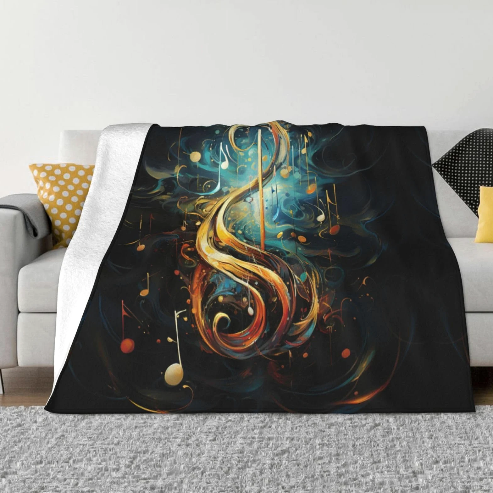 Coperta decorativa morbida e calda in flanella per bambini, cane, gatto, 127 x 152 cm, stampa con simboli musicali