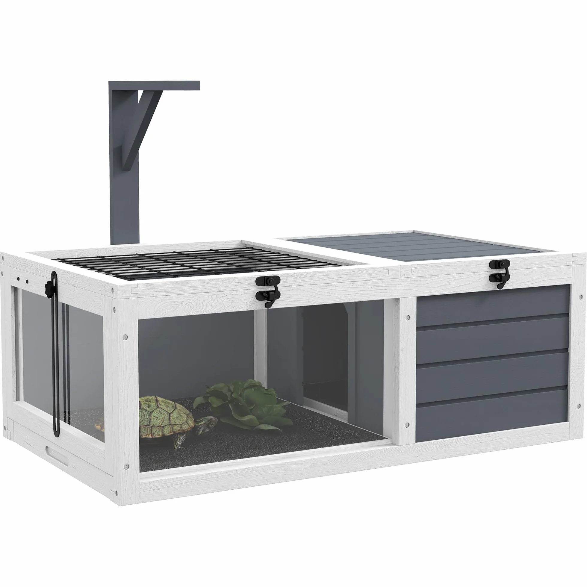 PawHut Casa per tartarughe in legno, recinto per tartarughe con casa principale, finestra di osservazione, coperchio apribile, portalampada, gabbia per rettili da esterno per tartarughe, rettili