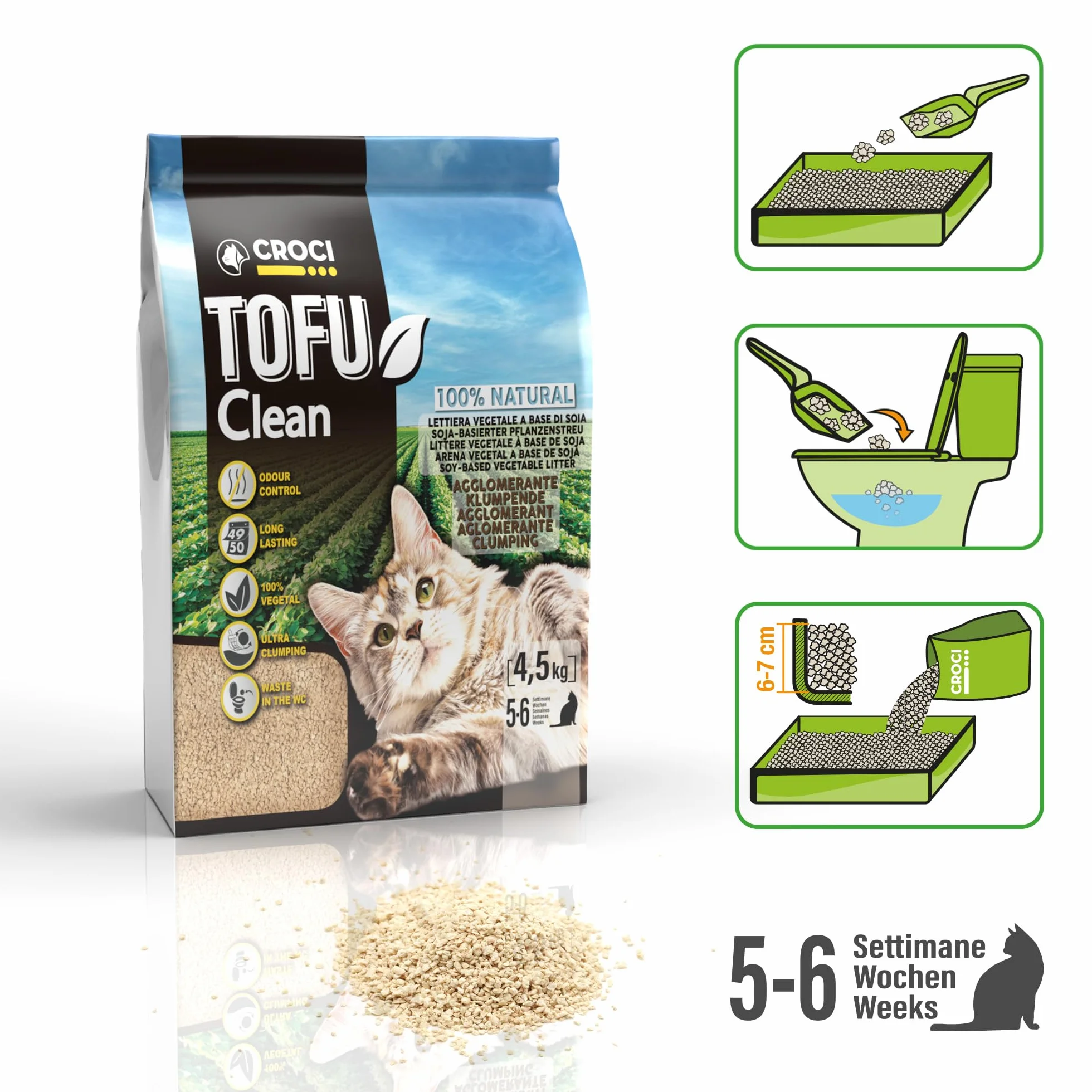 Croci Lettiera Tofu Clean 10L - Lettiera Gatti agglomerante, Biodegradabile si getta nel WC, 100% vegetale, Sabbia Antiodore di lunga durata