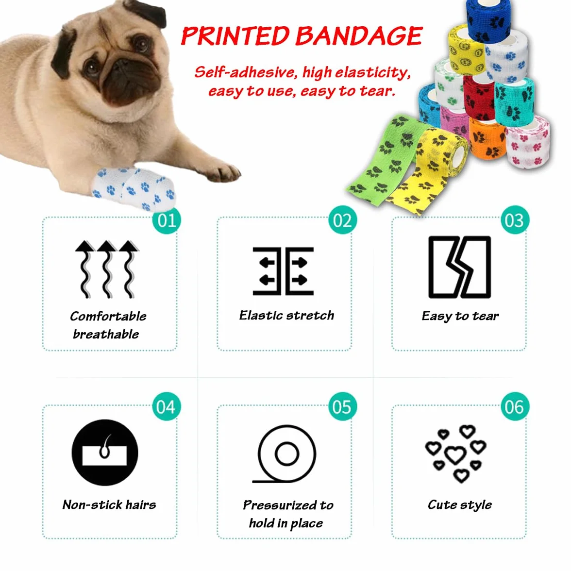 Benda autoadesiva per Animali Domestici, 12 Rotoli Bendaggio Coesivo Adesivo Bende Non Tessuto, Comodo e Traspirante, Coloratocon Benda Motivo Zampe Benda per Persone e Animali (5 cm x 4,5 m)