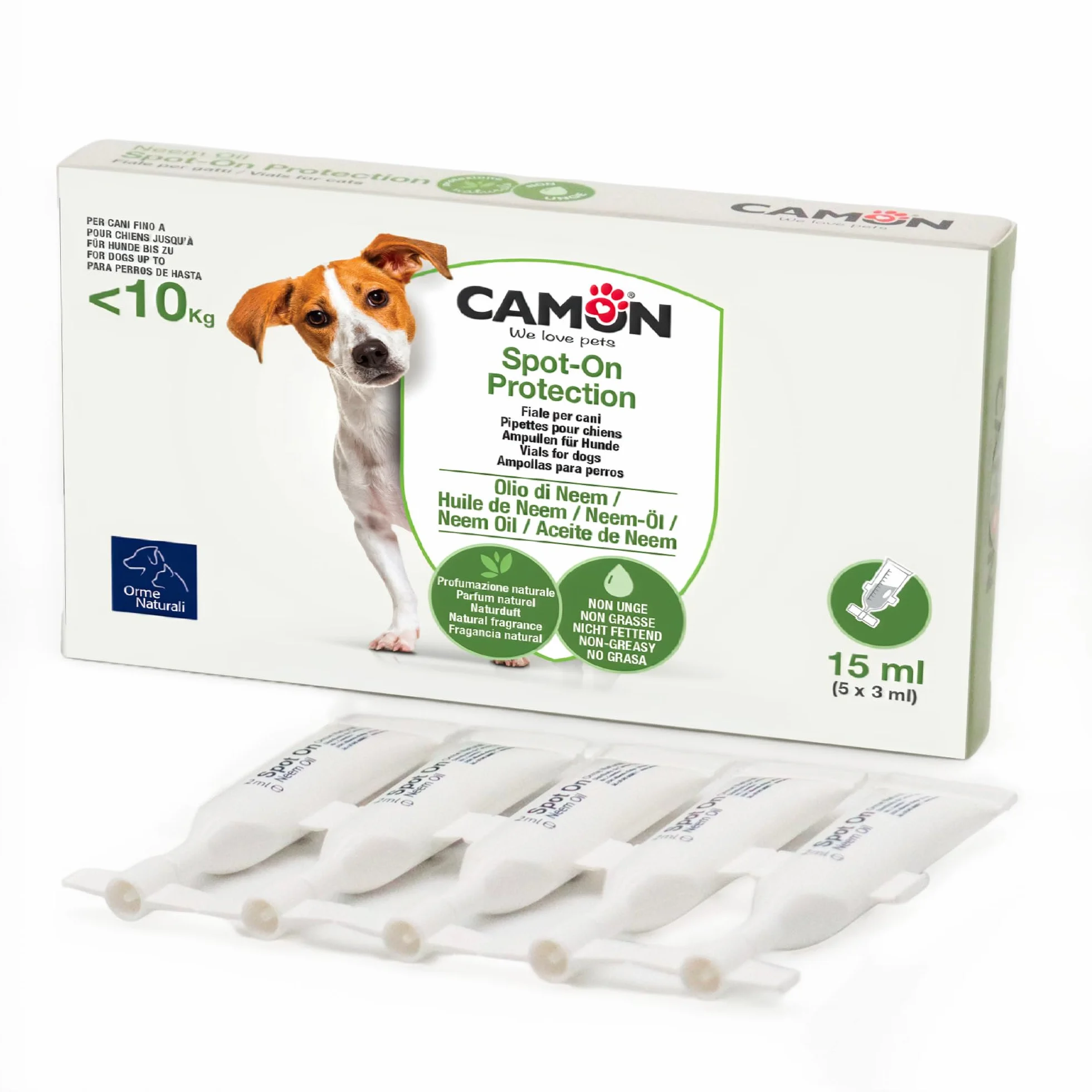 CAMON | Spot-On Protection Cane (0-10kg), 5 Fiale da 3ml con Olio di Neem, Naturale e Efficace