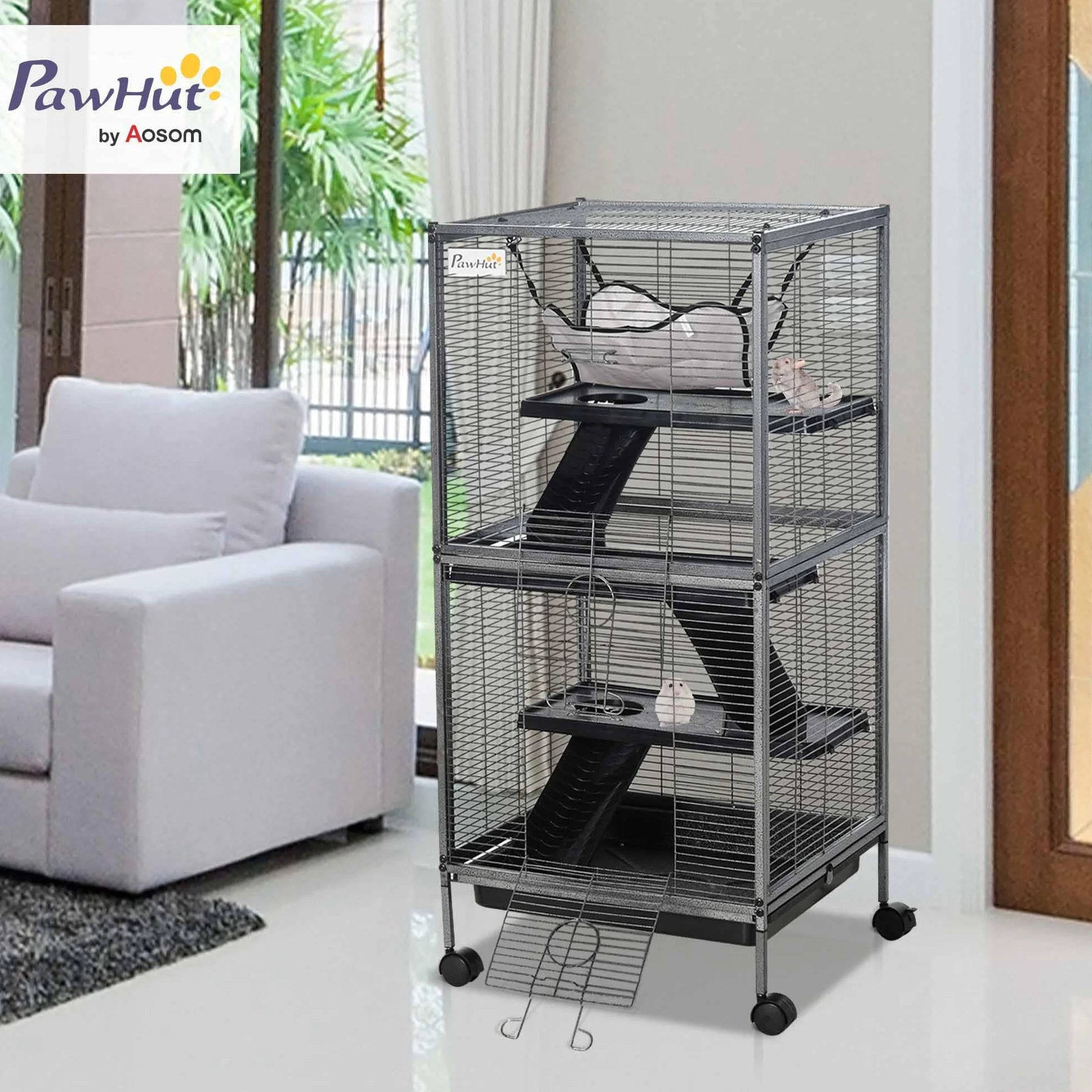 PawHut Gabbia per Piccoli Roditori in Acciaio, Gabbietta per Porcellini d'India e Cincillà con 3 Piani, 4 Ruote, Amaca e Vassoio Rimovibile, 52 x 52 x 113.5cm, Grigio Argento