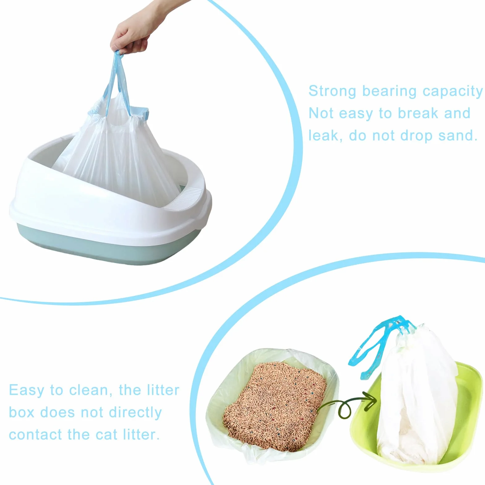100 sacchetti per lettiera per gatti, 58 x 35 cm, con laccetti, autopulenti, sacchetti per lettiera per gatti, resistenti e antistrappo, a tenuta stagna