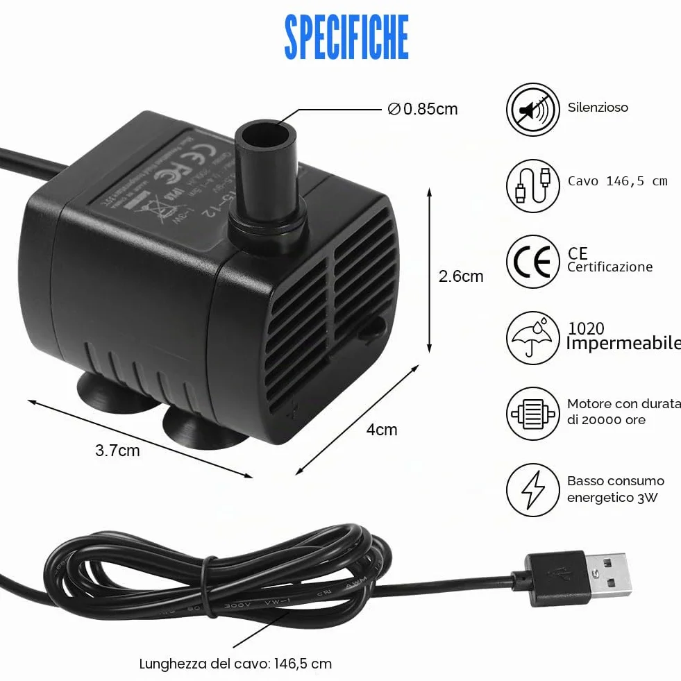 flintronic Pompa Fontanella per Gatti, 3W Pompa Dell'Acqua Per Animali Domestici, Pompe Per Acquario USB, Motorino Pompetta Acqua Presepe, 3.5-9V 1-3W (0.4-1.5m) 200L/H, Super Silenziosa