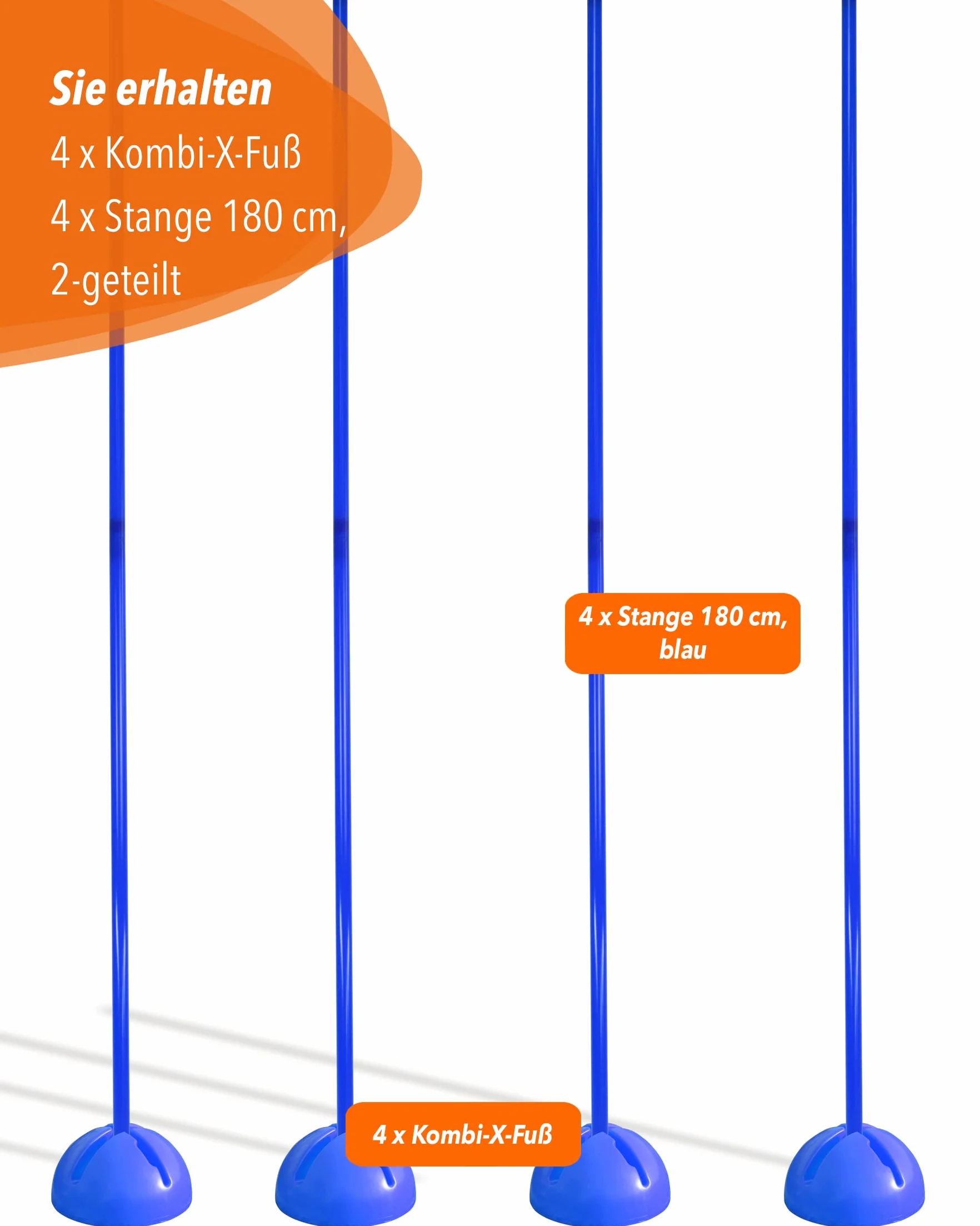 Supporto combinato X in plastica & asta slalom 180 cm – Set di 4 pezzi – Base riempibile – Asta per slalom & allenamento coordinazione – per calcio & sport cani – Slalom Set
