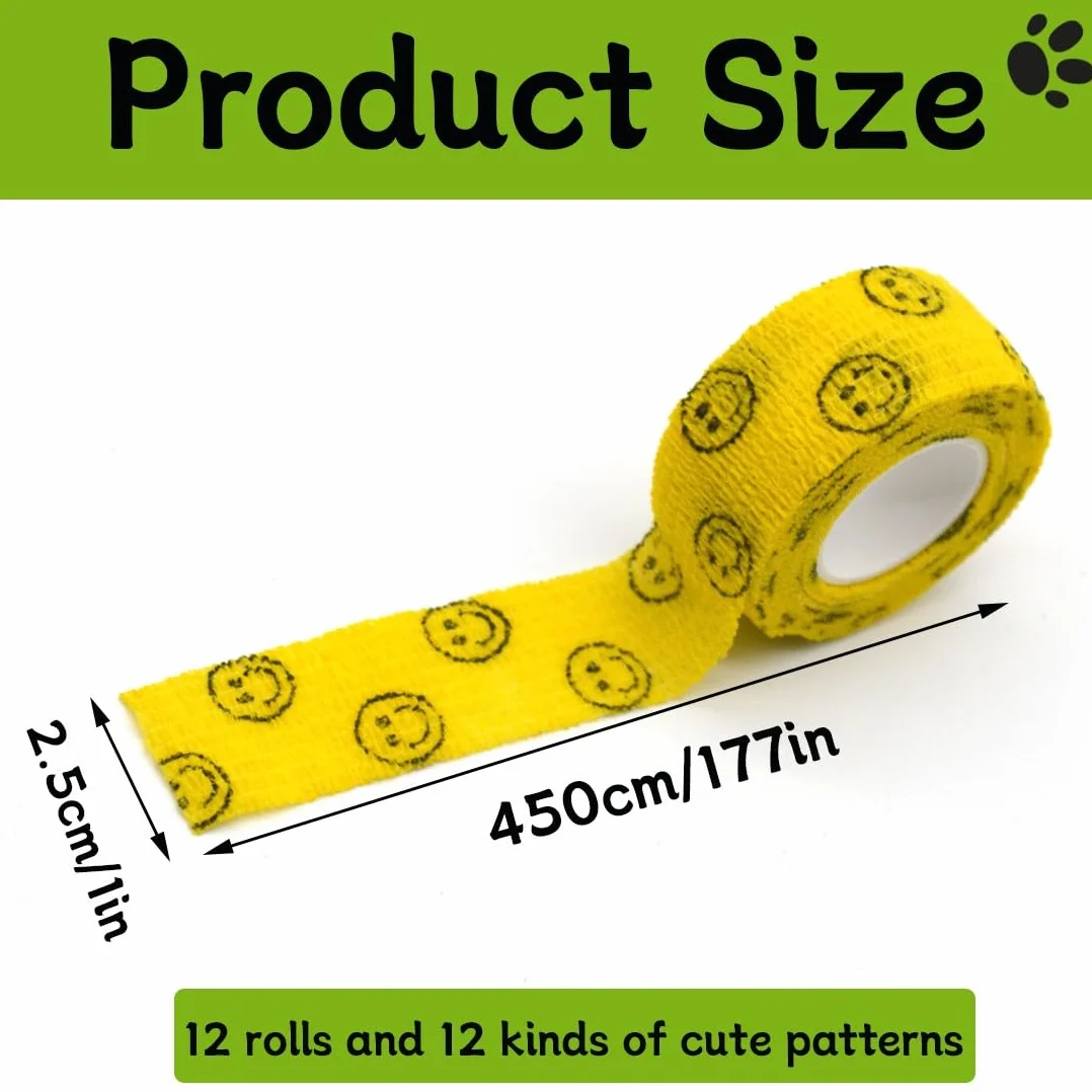 12 Rotoli Pet Vet Wrap Benda Elastica Coesiva 2.5cm x4.5m Bendaggio Adesiva Autoadesiva Benda per Animali Domestici Nastro Bendaggio Sportivo Non Tessuto Fasciatura Coesive Nastro Elastico