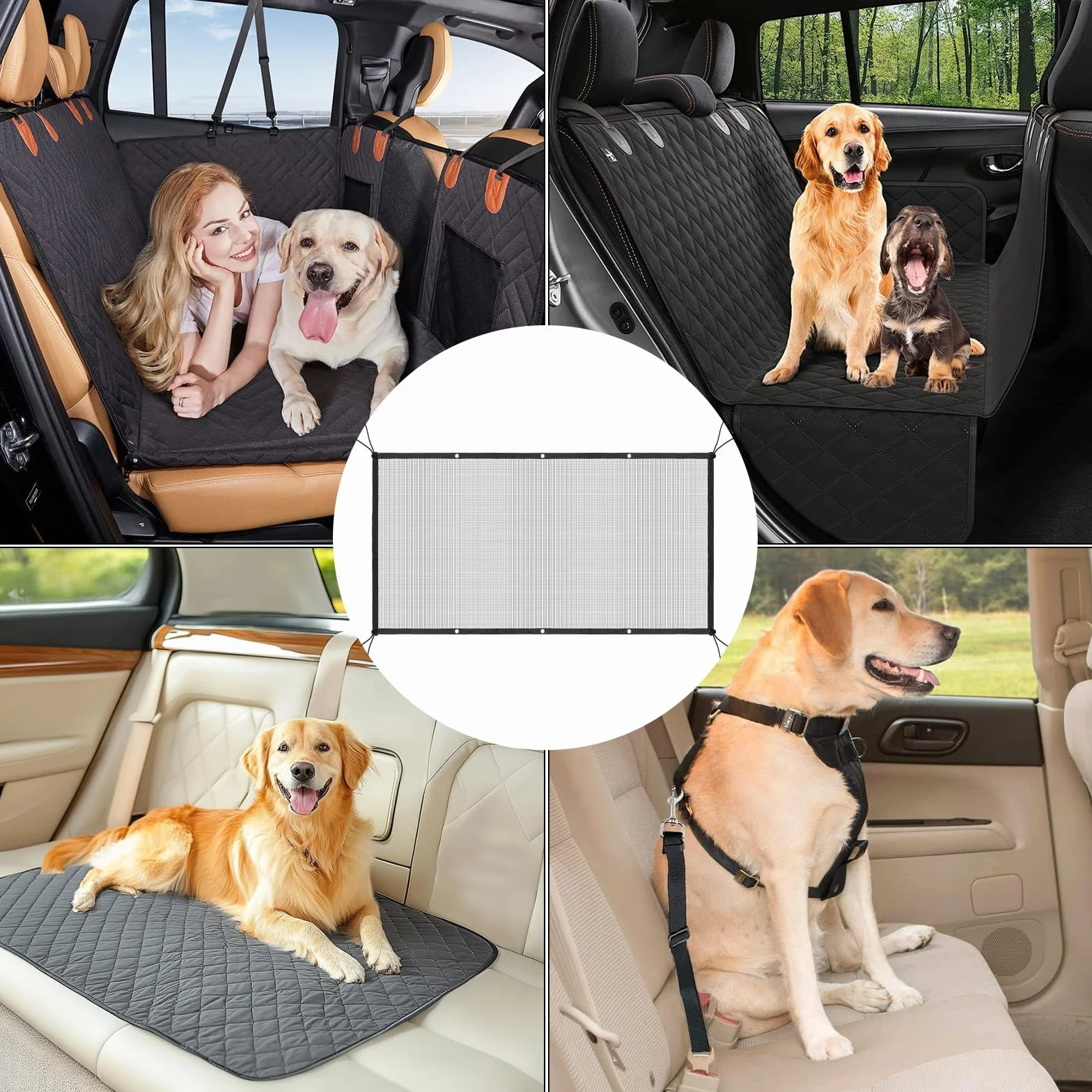 divisorio auto per canii 115 × 62 cm,rete per cani auto per cani, Robusto sedile posteriore per auto per cani con 4 ganci e 2 corde regolabili - rete divisoria auto per cani per SUV, station wagon