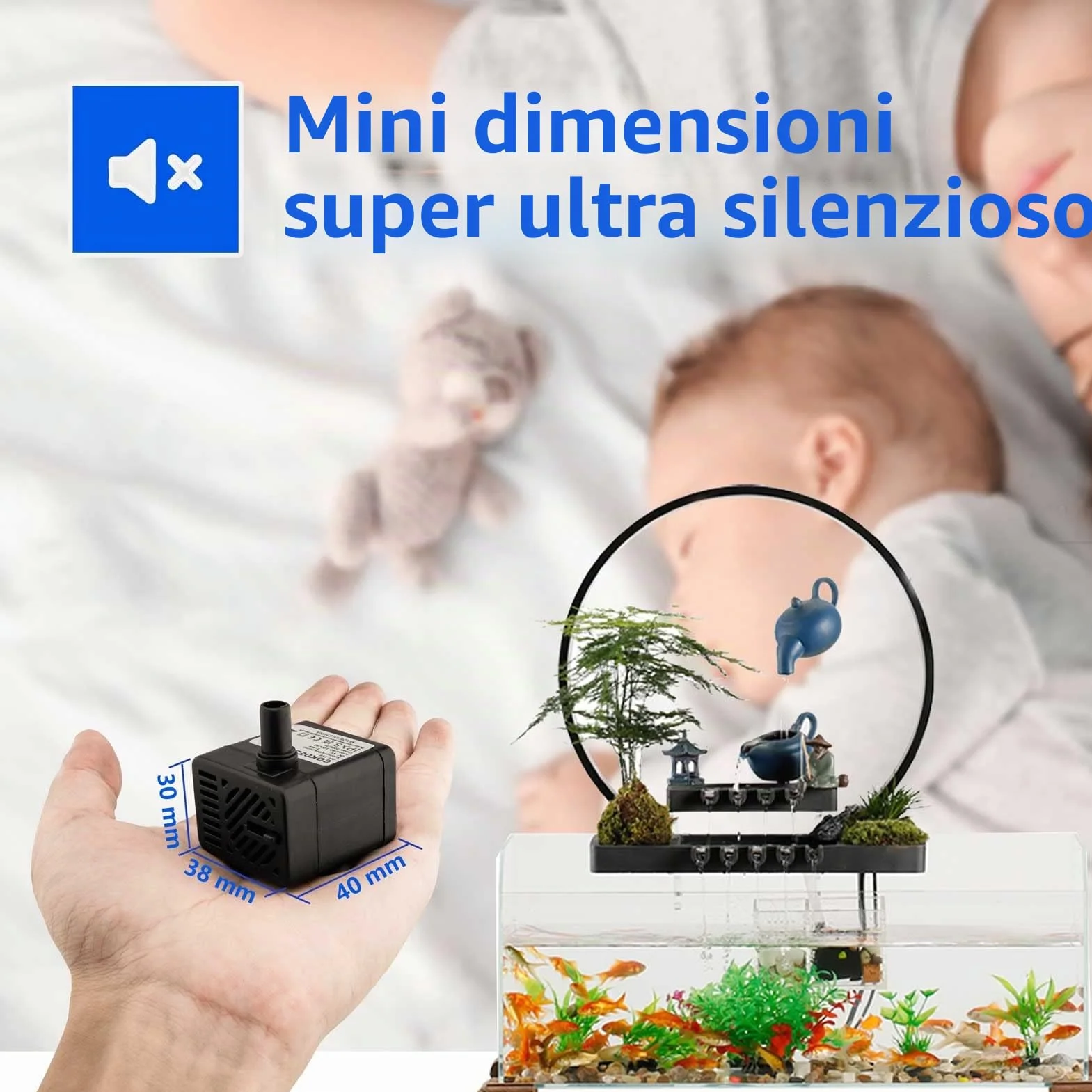 Mini pompa sommergibile USB (DC 5V 1-3W 200L/H) Regolabile, ultra silenziosa piccola pompa per acqua per fontane per animali domestici, acquario, laghetto, idroponica, interno o esterno