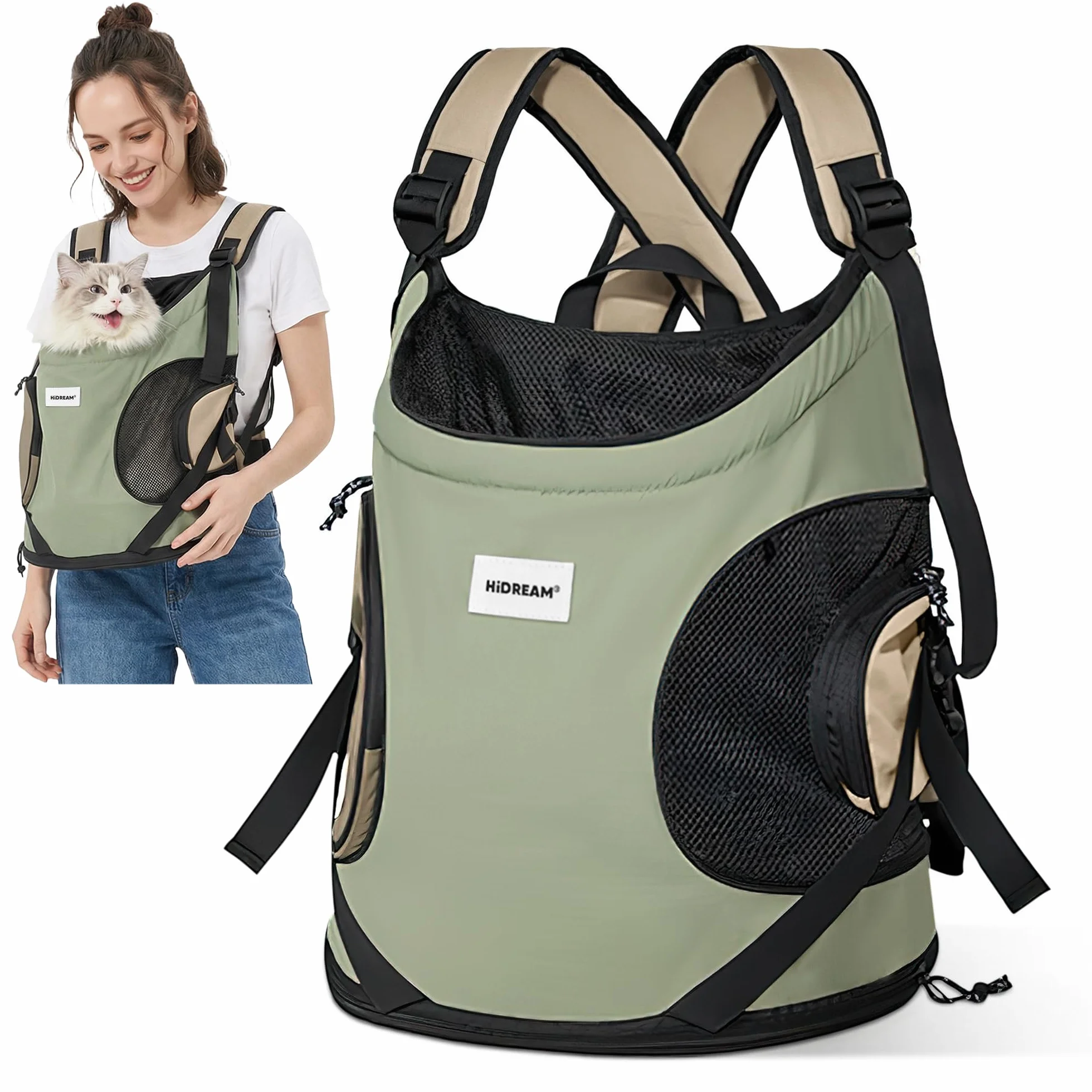 ALLSOPETS Zaino Cani Gatto, Zaino Trasportino Portatile per Animali Domestici, Verde Oliva