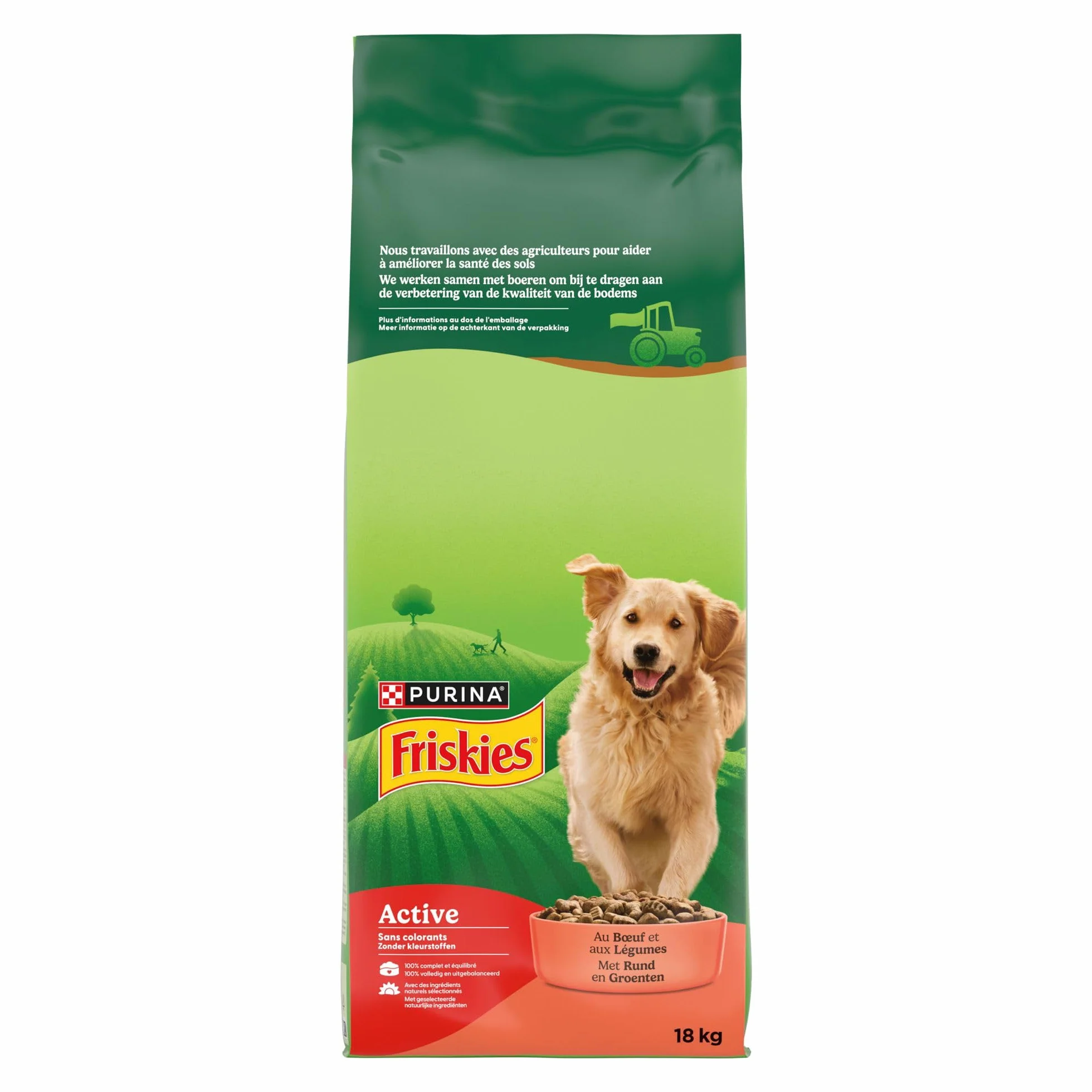 FRISKIES | Attivo | Cane | Crocchette 100% complete ed equilibrate per cani adulti | Manzo | Aiuta a mantenere un alto livello di energia | Borsa | 18 KG