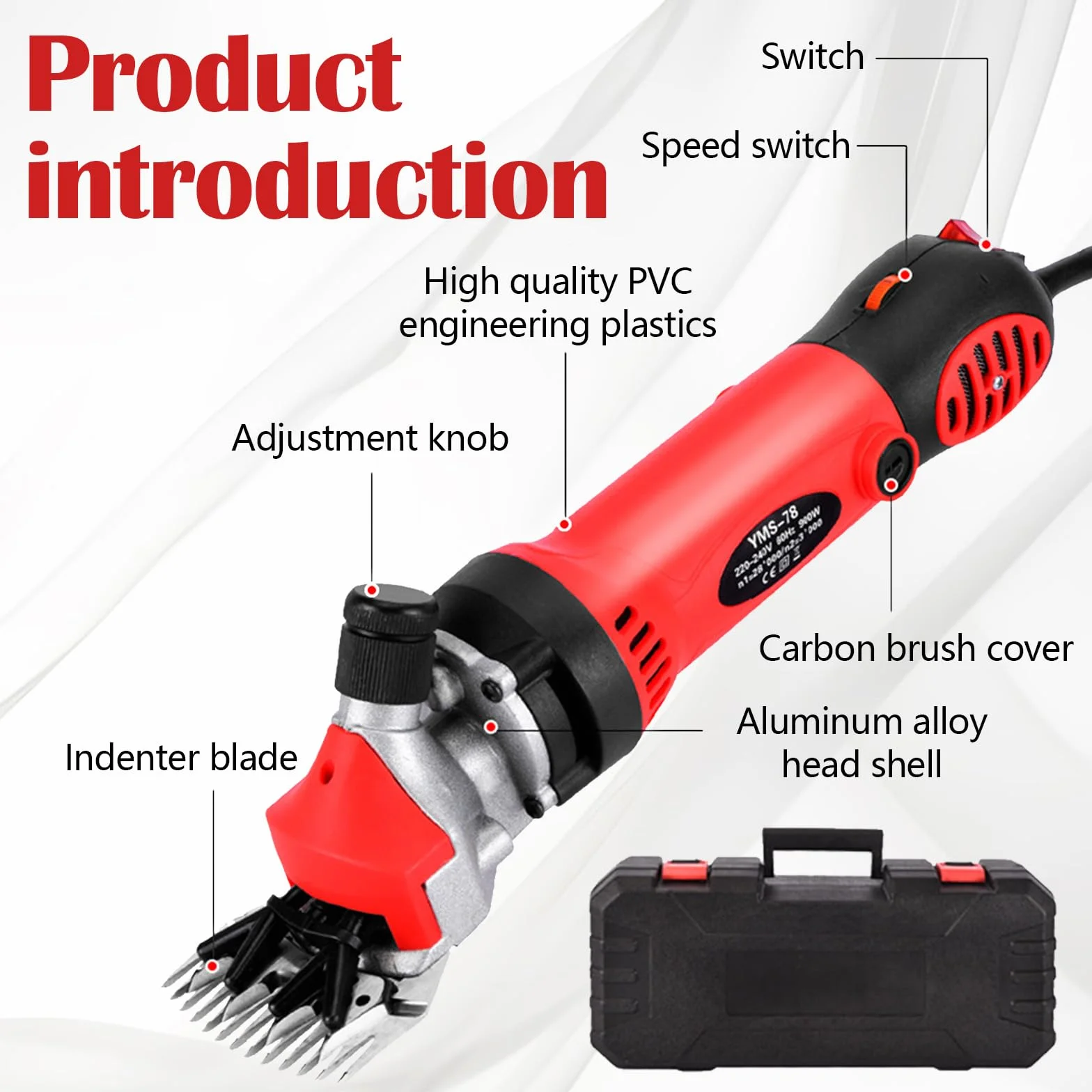900 W macchina elettrica per cecore, tosatrice per cavallo, con 6 marce, regolabile, max 2800 giri/min, con custodia, 13 denti, lama dritta, cavo di alimentazione 3 m, forbici professionali per pecore