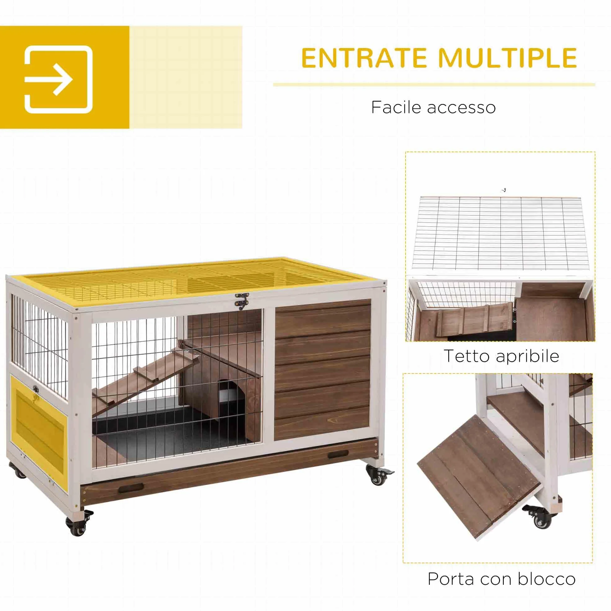 PawHut Gabbietta per Conigli e Porcellini d'India Conigliera con 4 Ruote, Casetta, Rampa e Vassoio Rimovibile, Legno Naturale, Marrone, 90x53x59cm