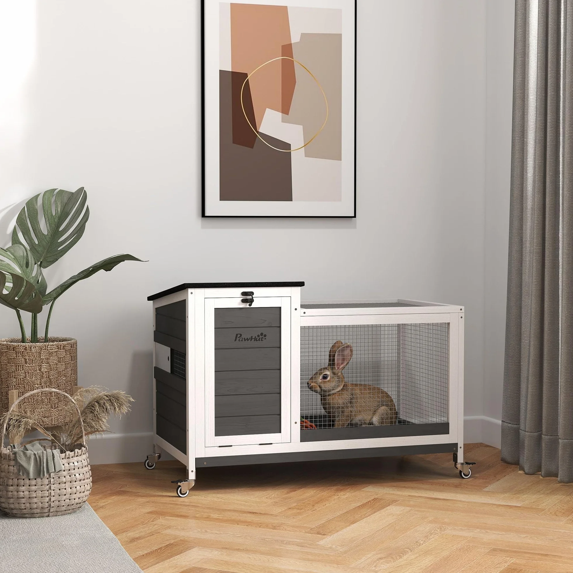 PawHut Conigliera da Esterno e Interno a Rotelle per 1-2 Conigli con Vassoio Estraibile e Ingressi Multipli, Casetta per Conigli in Legno di Abete e Acciaio, 91x51x66 cm, Grigio Bianco e Nero