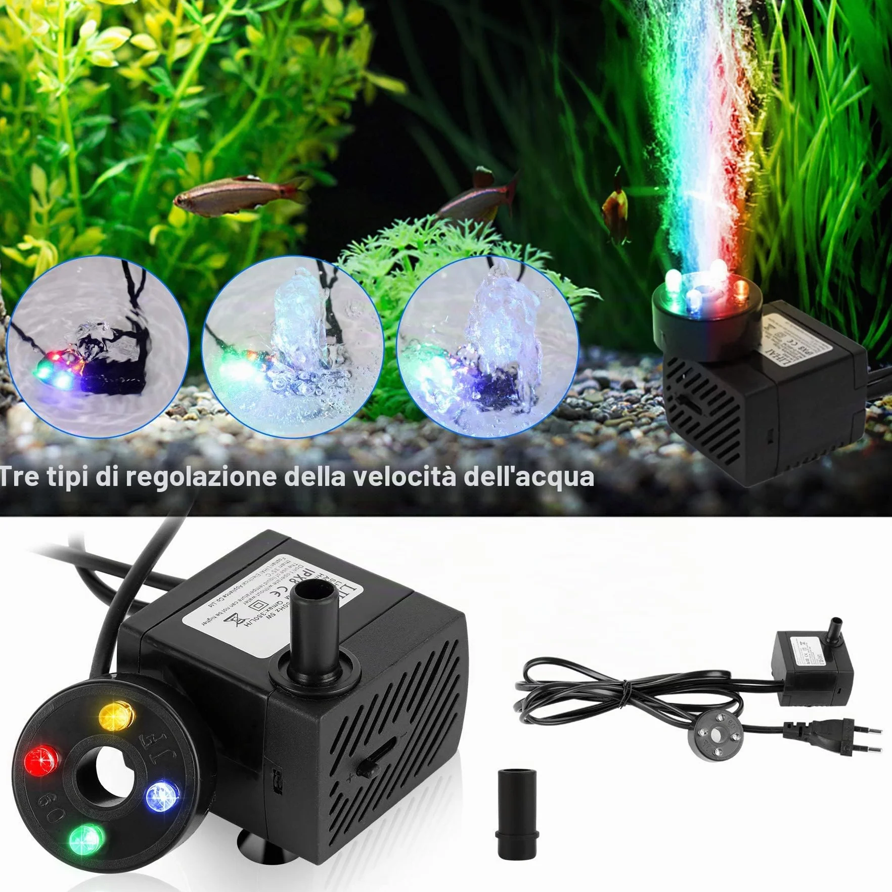 Forever Speed pompa per acquario 5W, Mini Fontana con 4 luci LED Color, acqua Sommergibile 0,85m, 350l/h