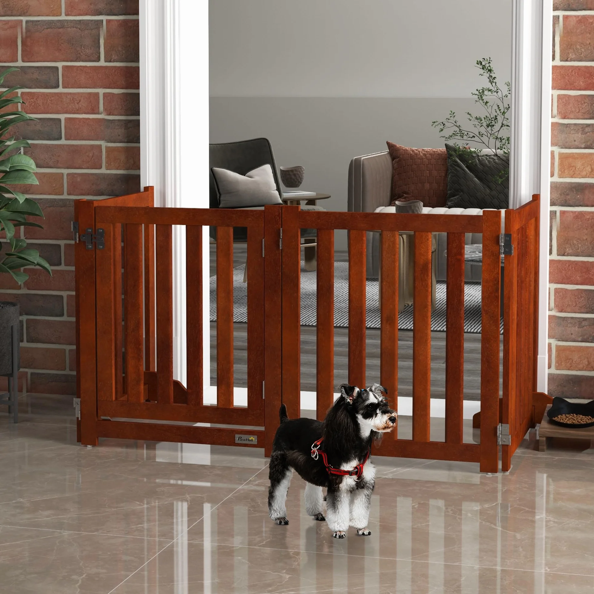 PawHut Recinto per cani in legno bifacciale pieghevole e autoportante, recinto per cani da interno a 4 pannelli con porta, con piedini di sostegno, per animali domestici, 205 x 60 cm, marrone