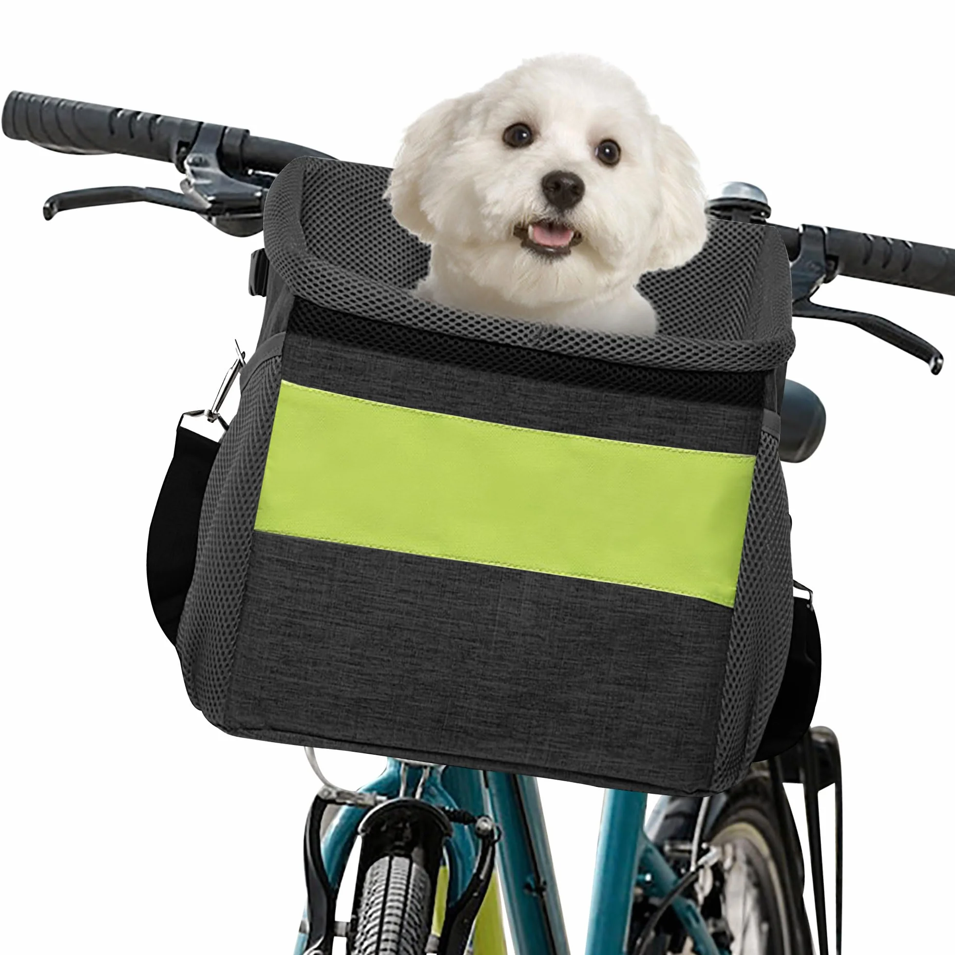 ALLSOPETS Cestino per Bicicletta Animale Domestico, Cestino Anteriore Bici Staccabile per Cane, Staccabile Borsa da Bicicletta per Cani, Pieghevole Cestino per Bici con Tasche Portaoggetti Nero