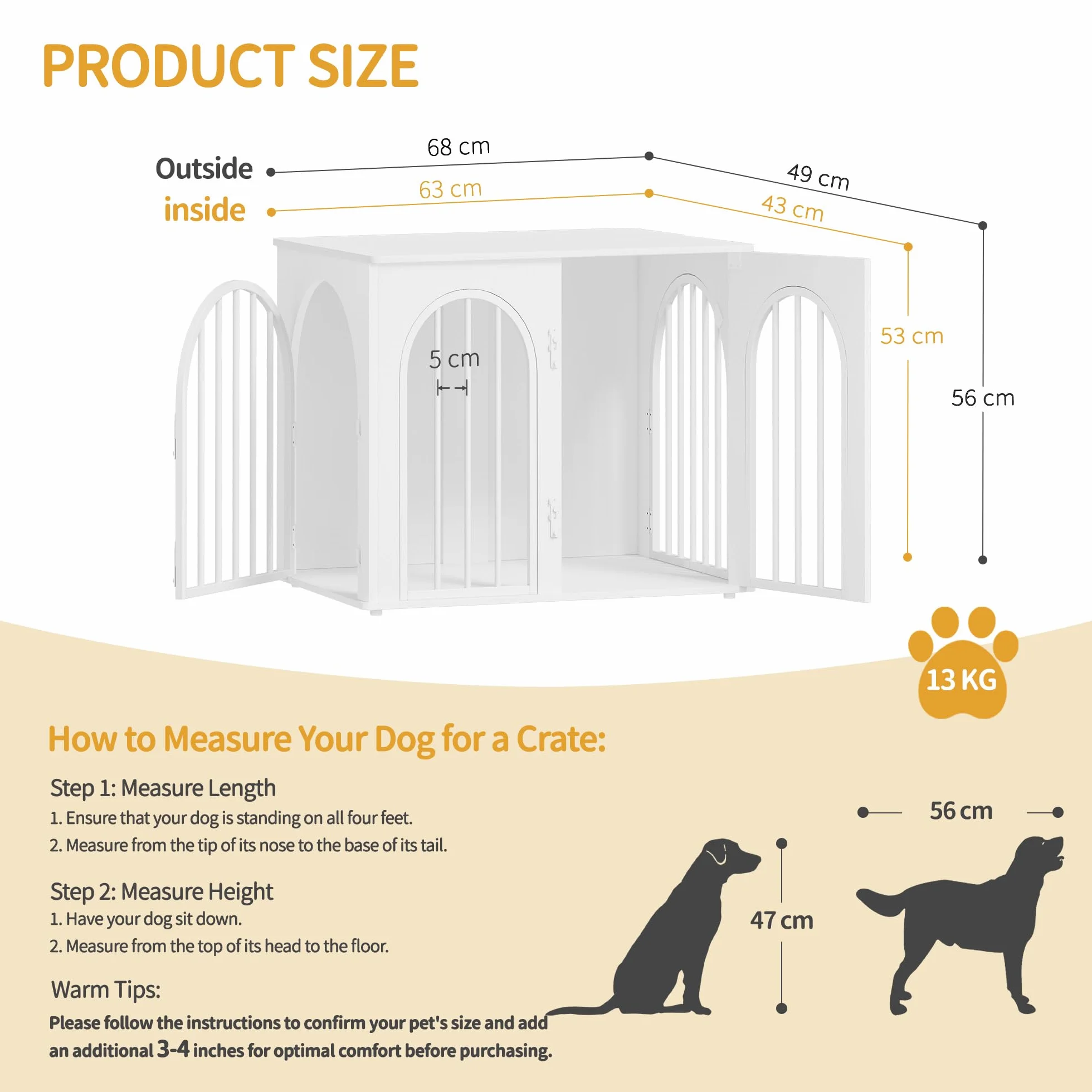 Hzuaneri 68 cm Gabbia per Cani, Tavolo Supplemento, Cuccia Moderna per Cani Interno, Gabbia per Cuccioli, Casetta per Animali, 3 porte, Porta ad arco, 49 x 68 x 56 cm, Bianco DFC85513W
